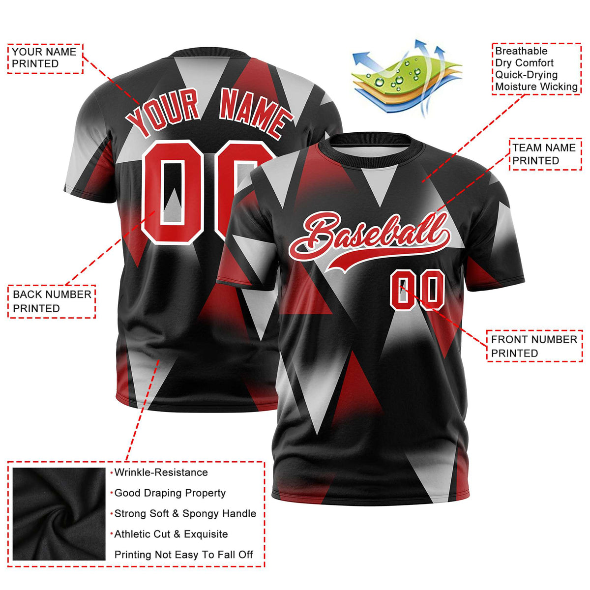 Custom Black Red-Gray Personalized Triangular Pattern Performance T-Shirt