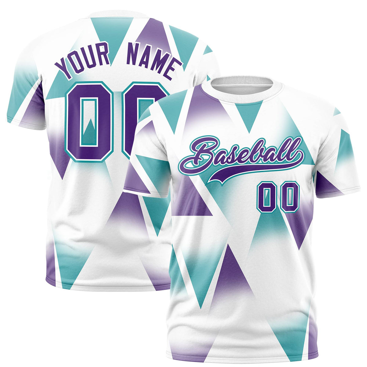 Custom White Aqua-Purple Personalized Triangular Pattern Performance T-Shirt