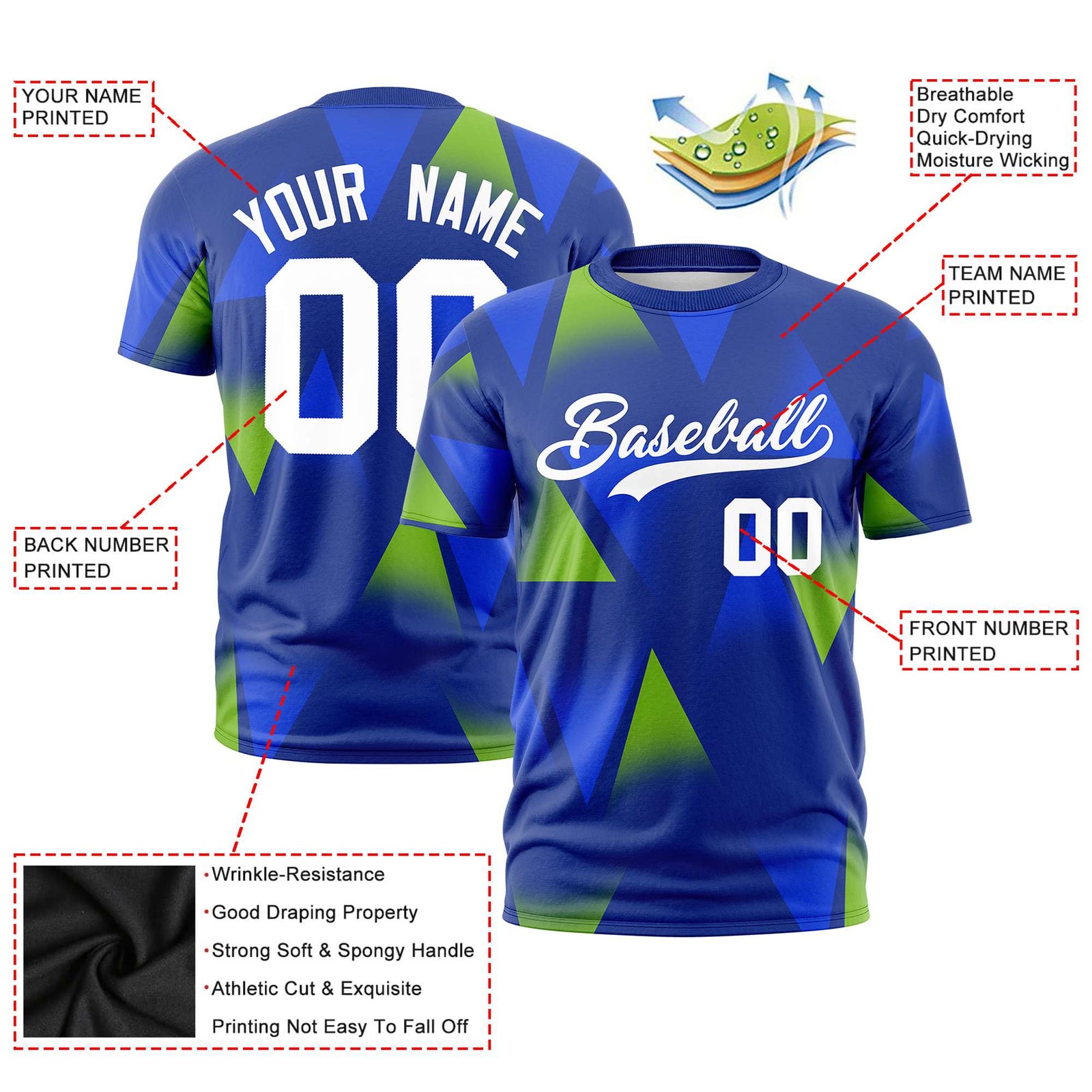 Custom Royal Blue Neon Green-White Personalized Triangular Pattern Performance T-Shirt