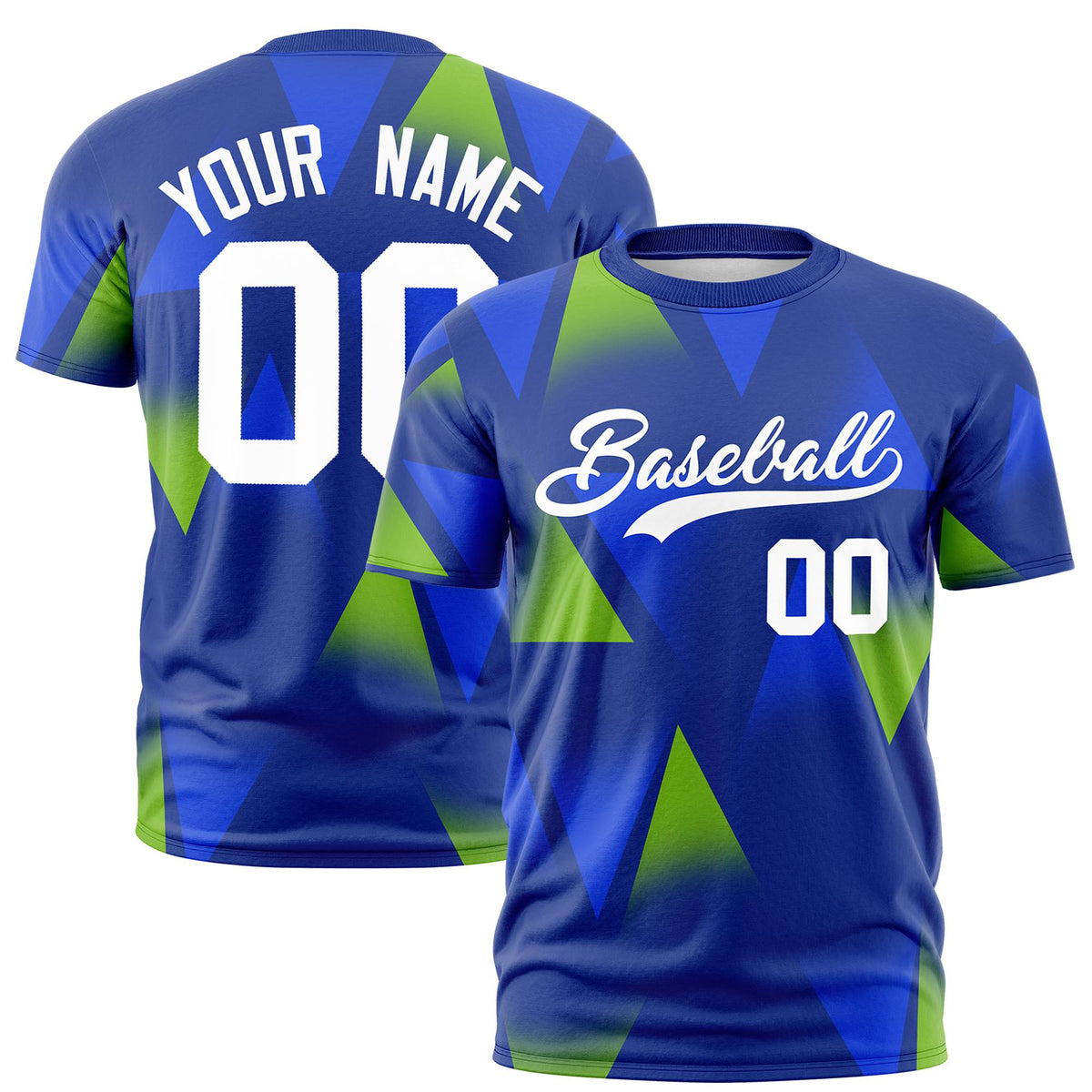 Custom Royal Blue Neon Green-White Personalized Triangular Pattern Performance T-Shirt