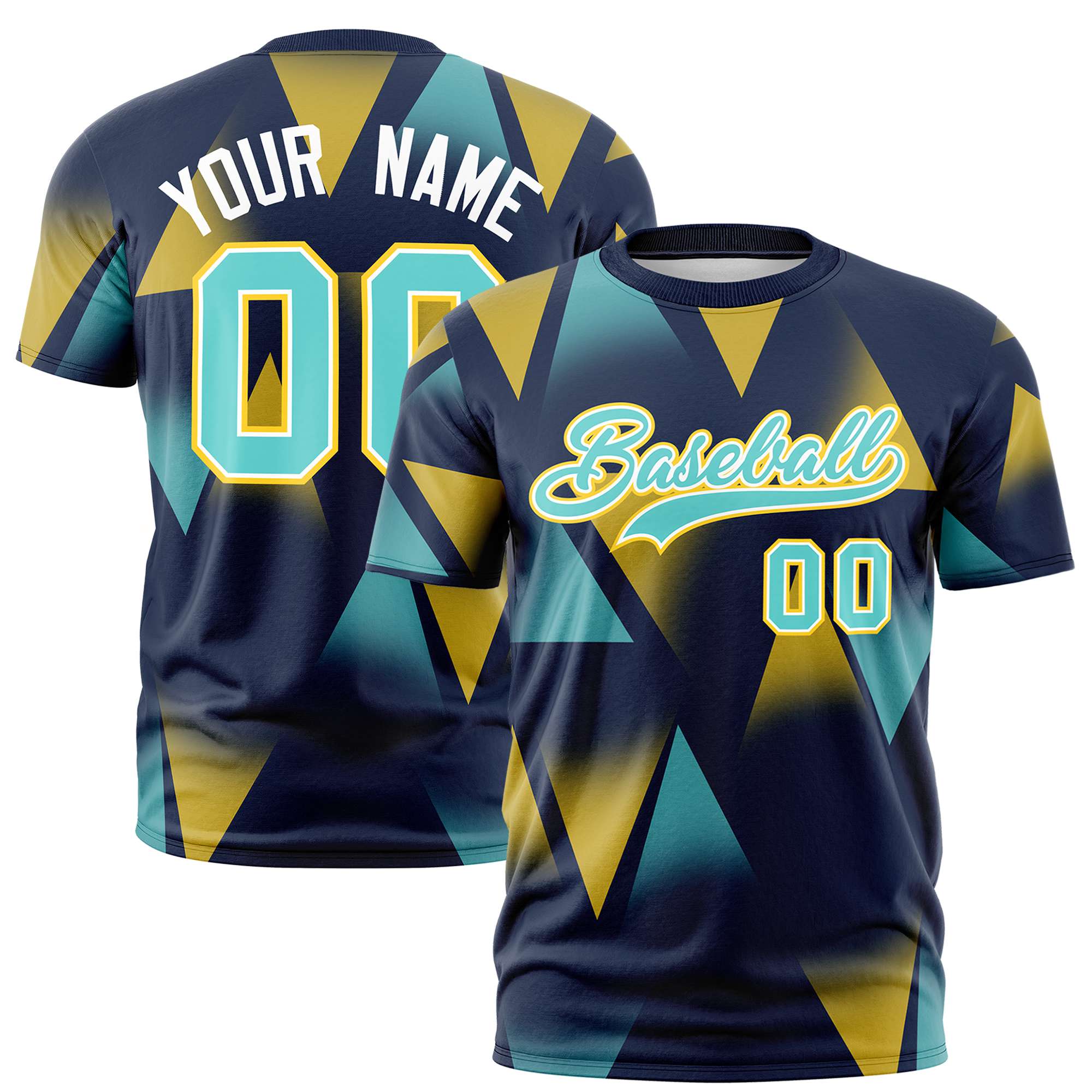 Custom Navy Gold01-Aqua Personalized Triangular Pattern Performance T-Shirt