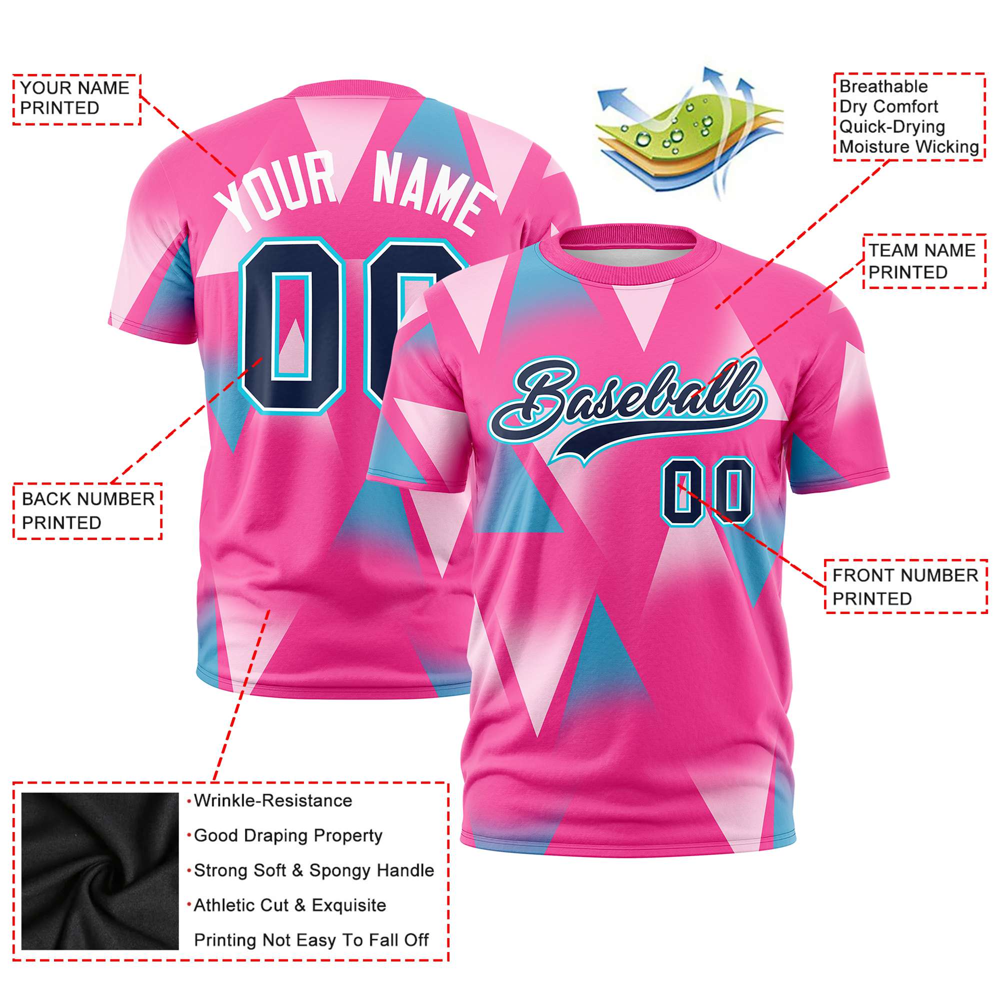 Custom Pink Aqua-Black Personalized Triangular Pattern Performance T-Shirt