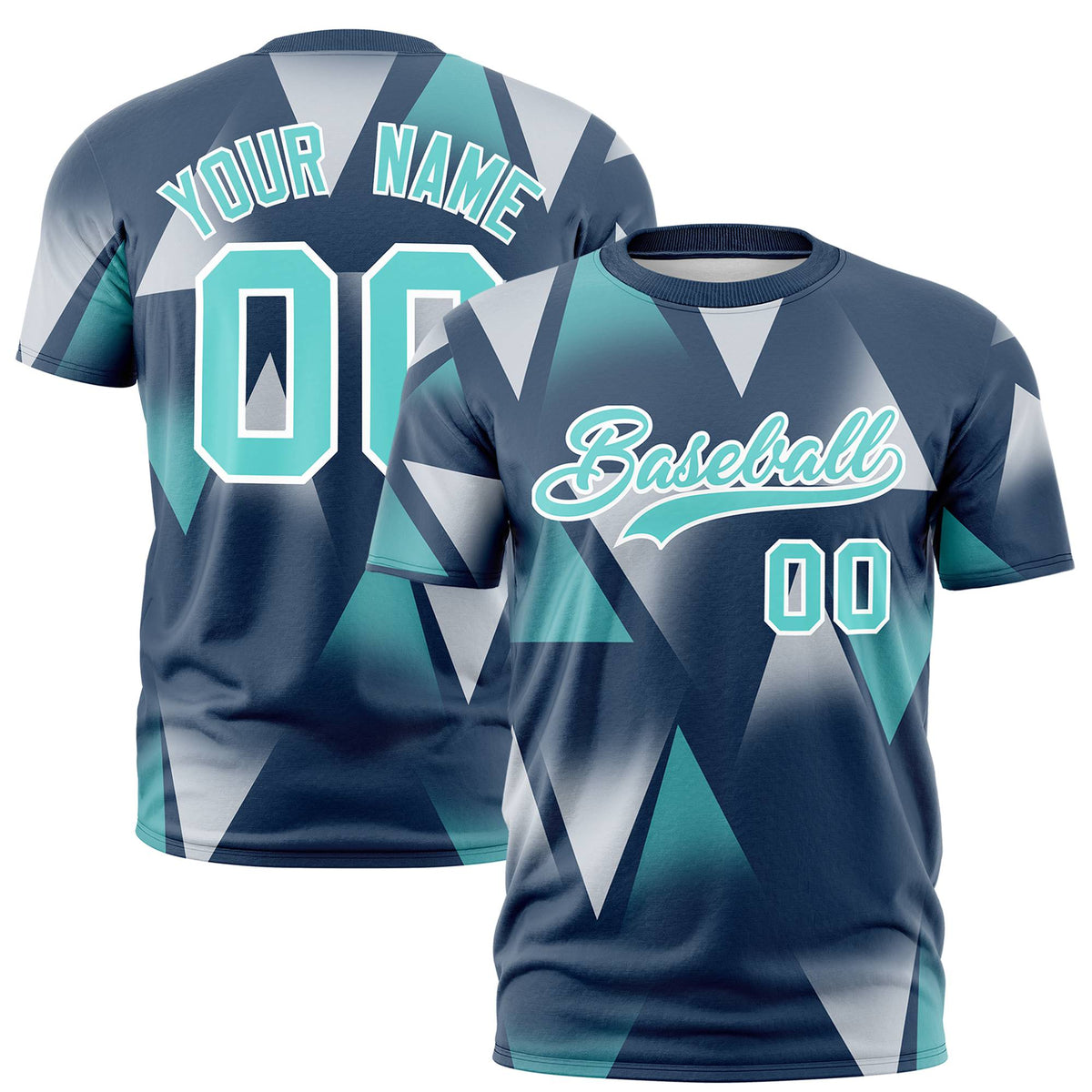 Custom Navy White-Aqua Personalized Triangular Pattern Performance T-Shirt