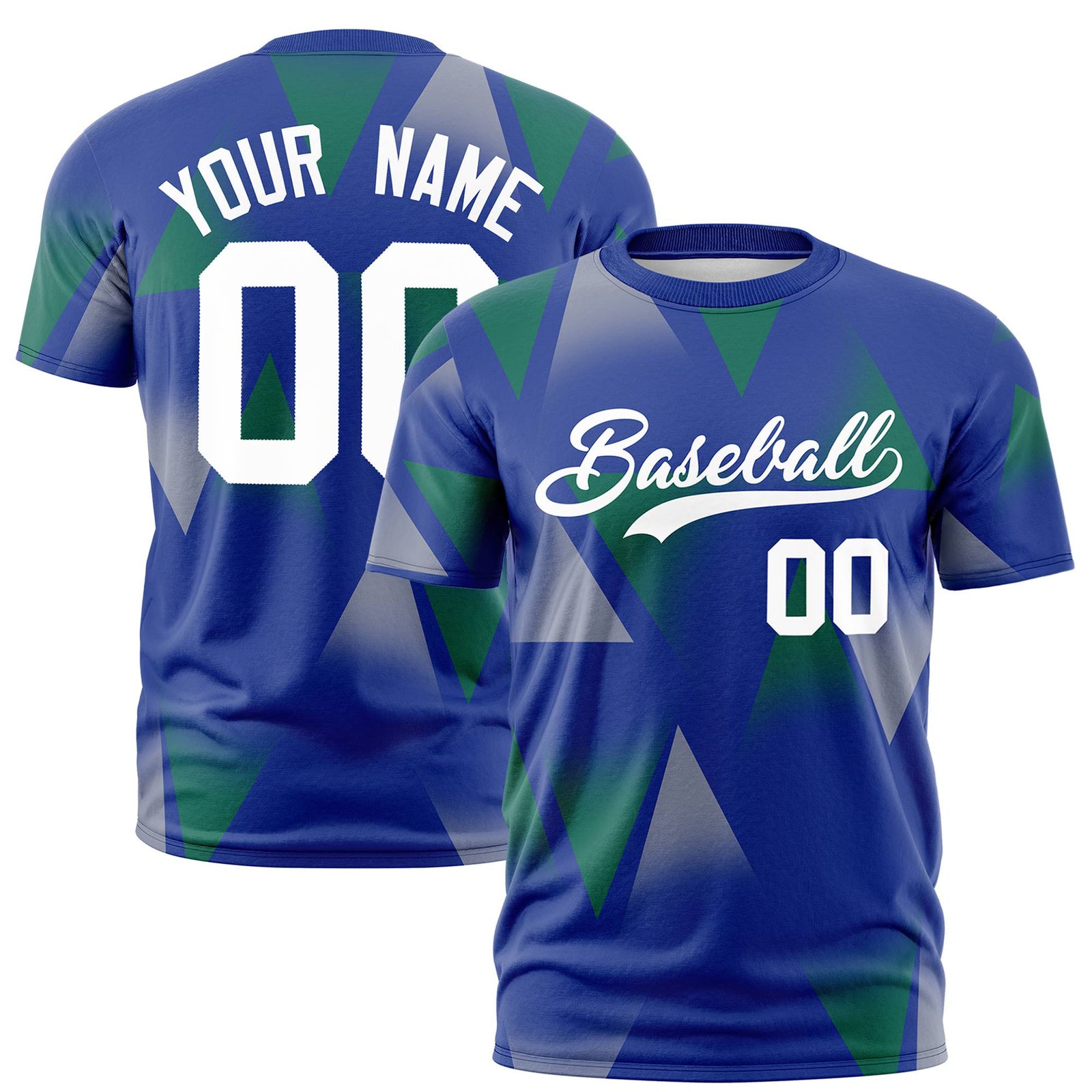 Custom Royal Blue Green-White Personalized Triangular Pattern Performance T-Shirt