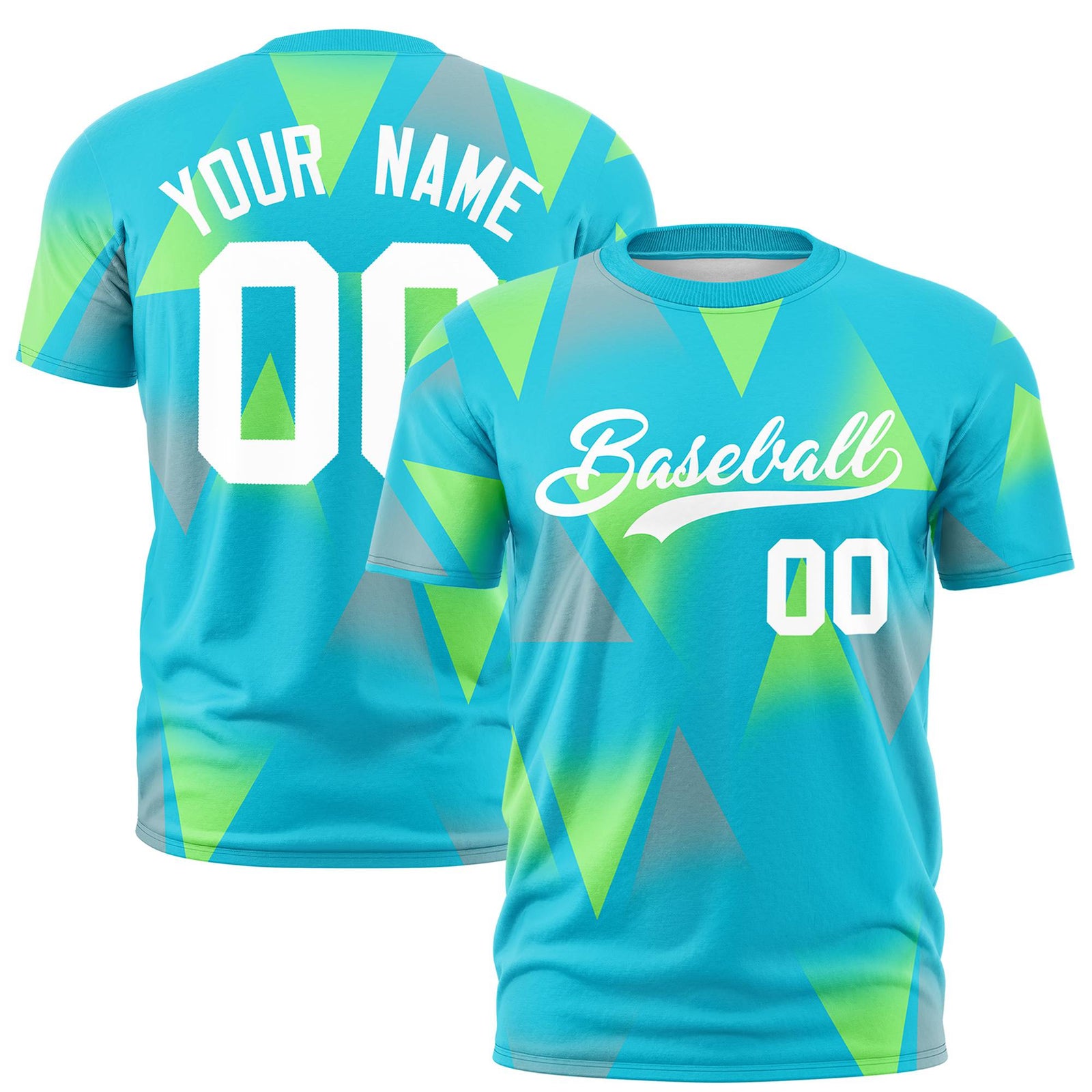 Custom Aqua Neon Green-White Personalized Triangular Pattern Performance T-Shirt
