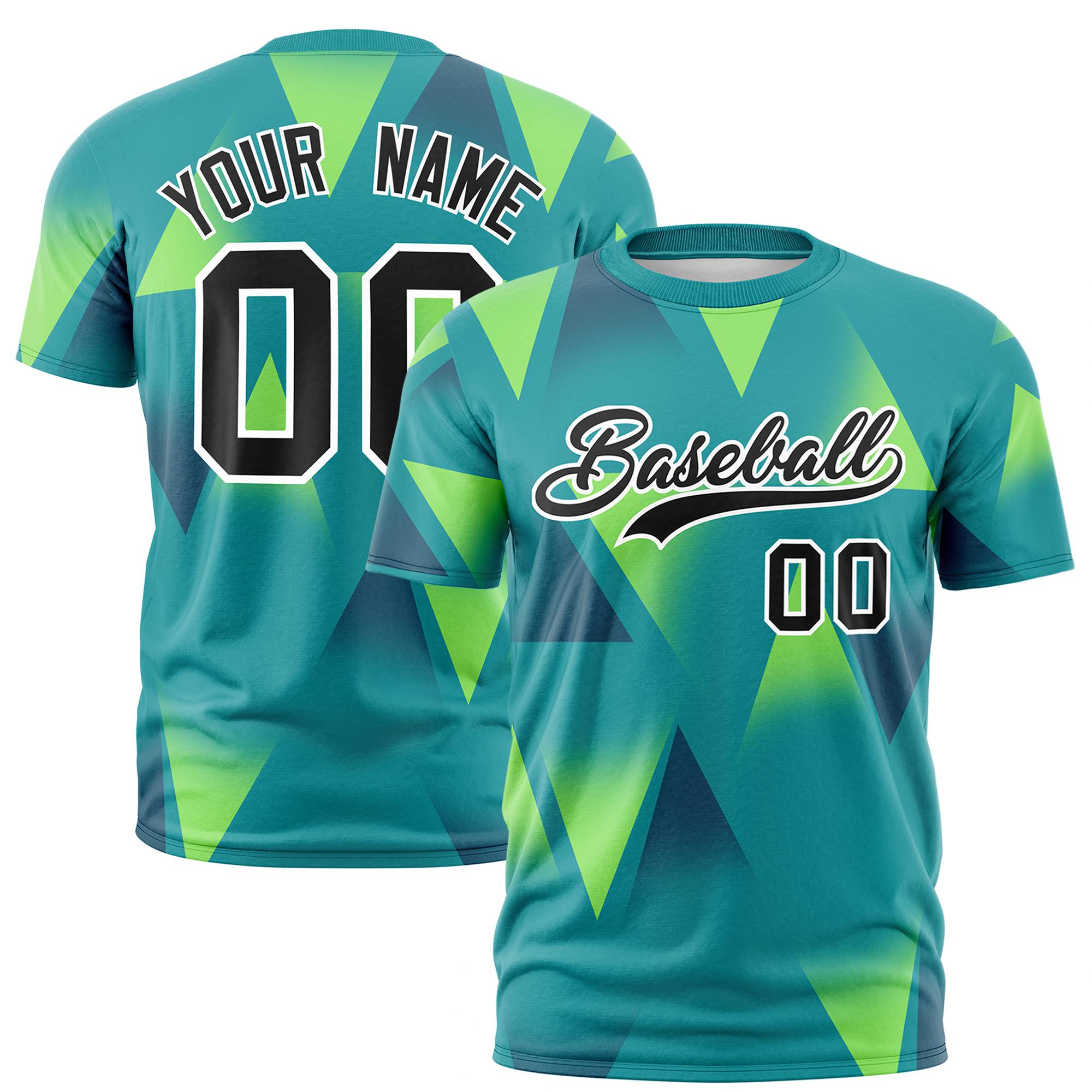 Custom Aqua Neon Green-Black Personalized Triangular Pattern Performance T-Shirt