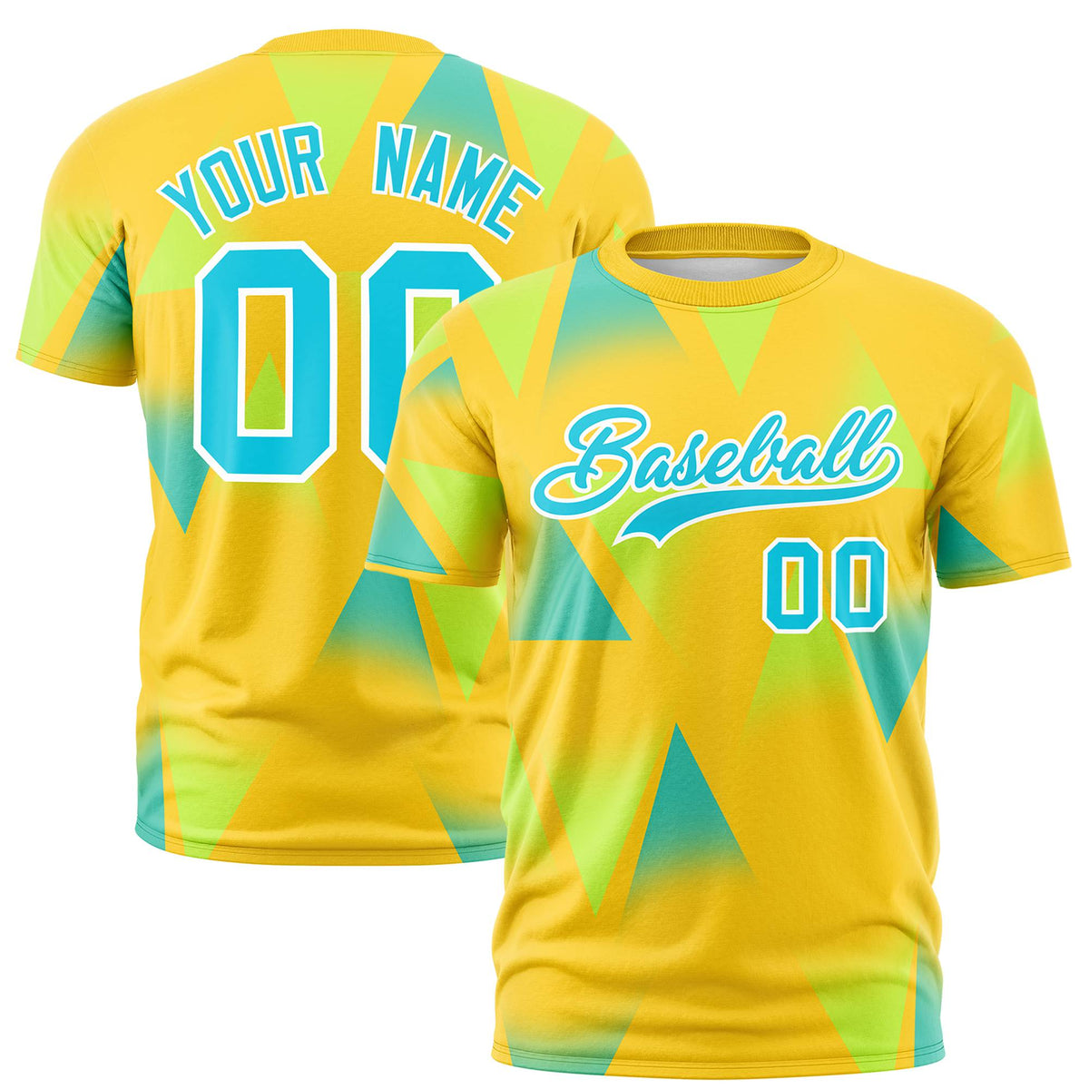 Custom Yellow Fluorescent Green-Aqua Personalized Triangular Pattern Performance T-Shirt