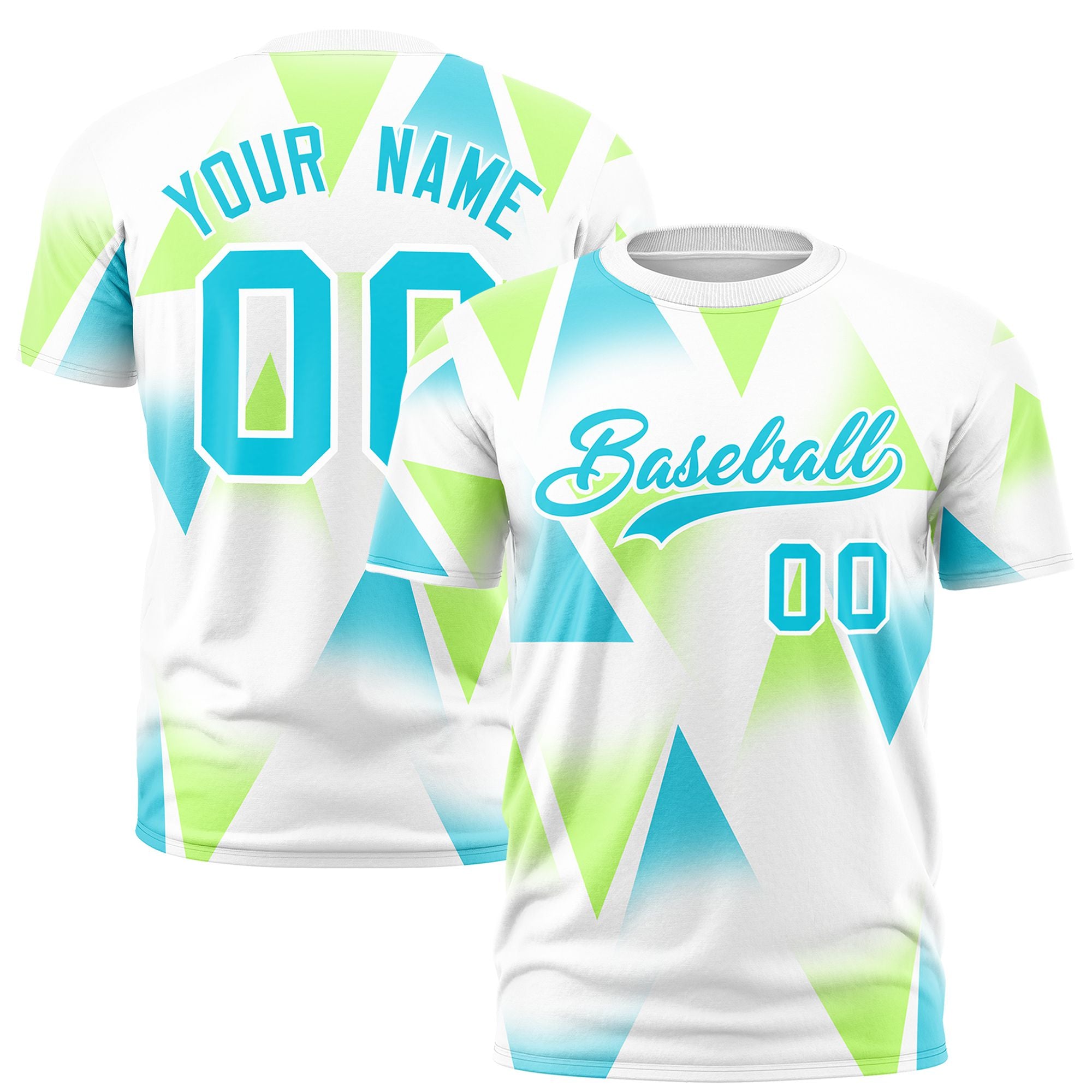 Custom White Neon Green-Aqua Personalized Triangular Pattern Performance T-Shirt