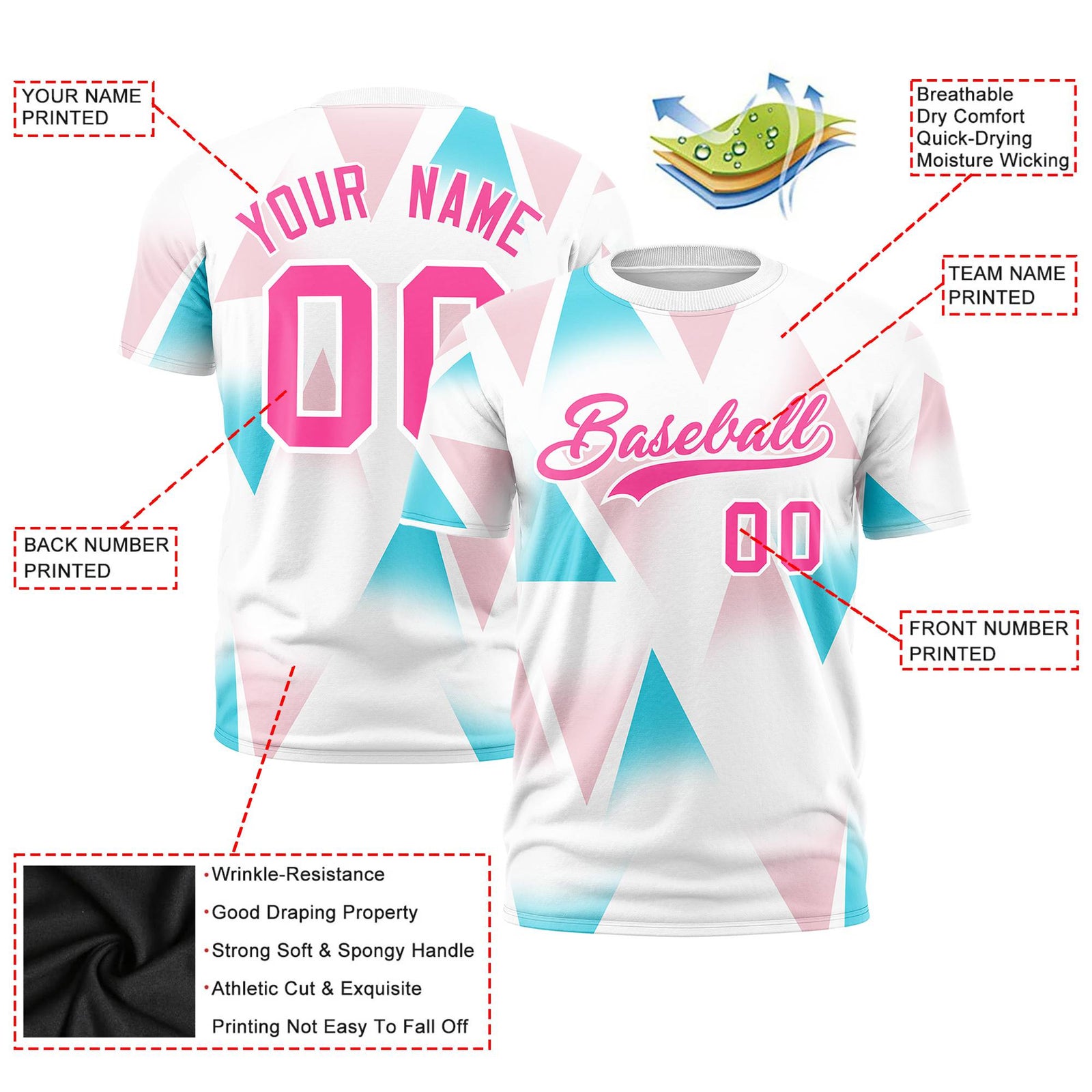 Custom White Aqua-Pink Personalized Triangular Pattern Performance T-Shirt