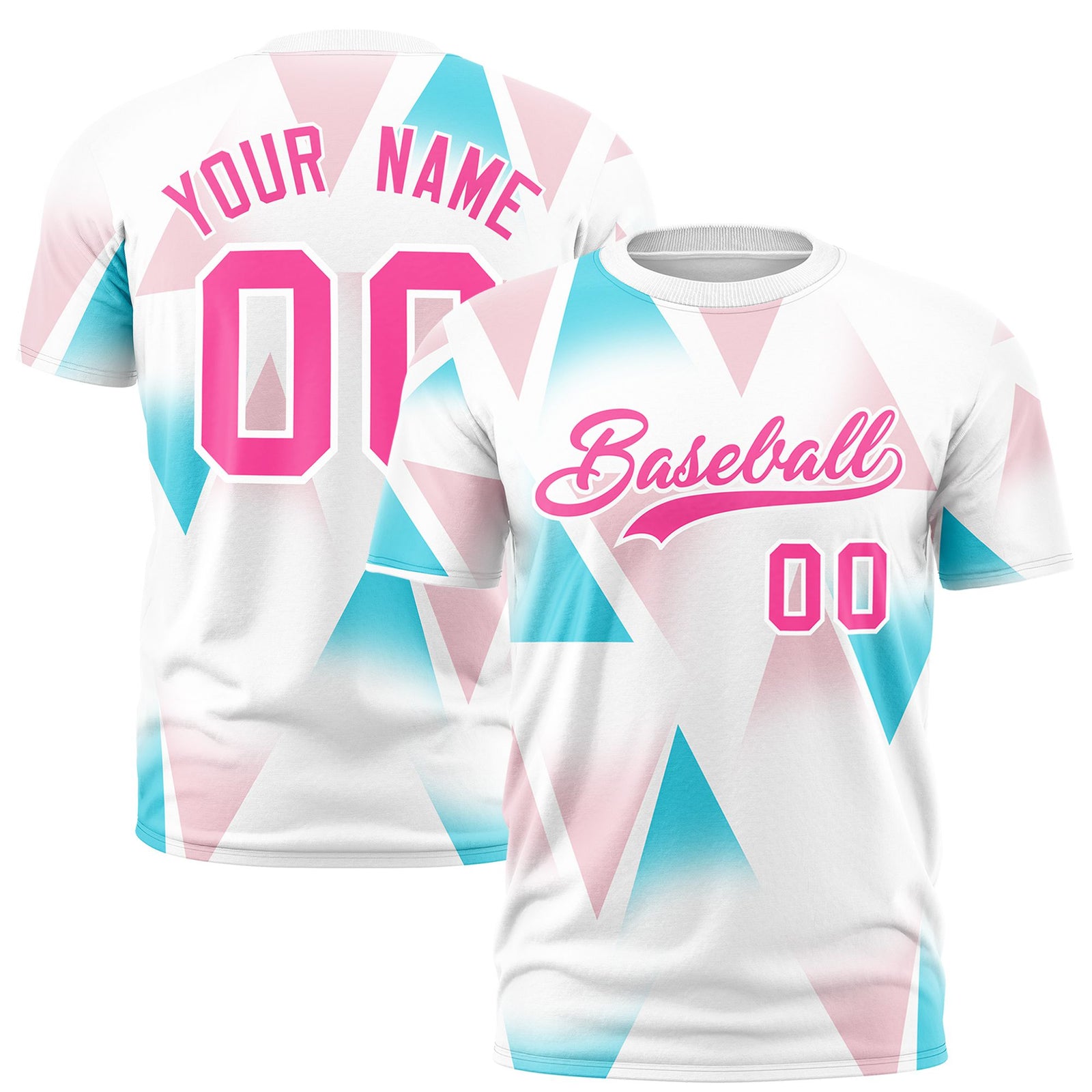 Custom White Aqua-Pink Personalized Triangular Pattern Performance T-Shirt