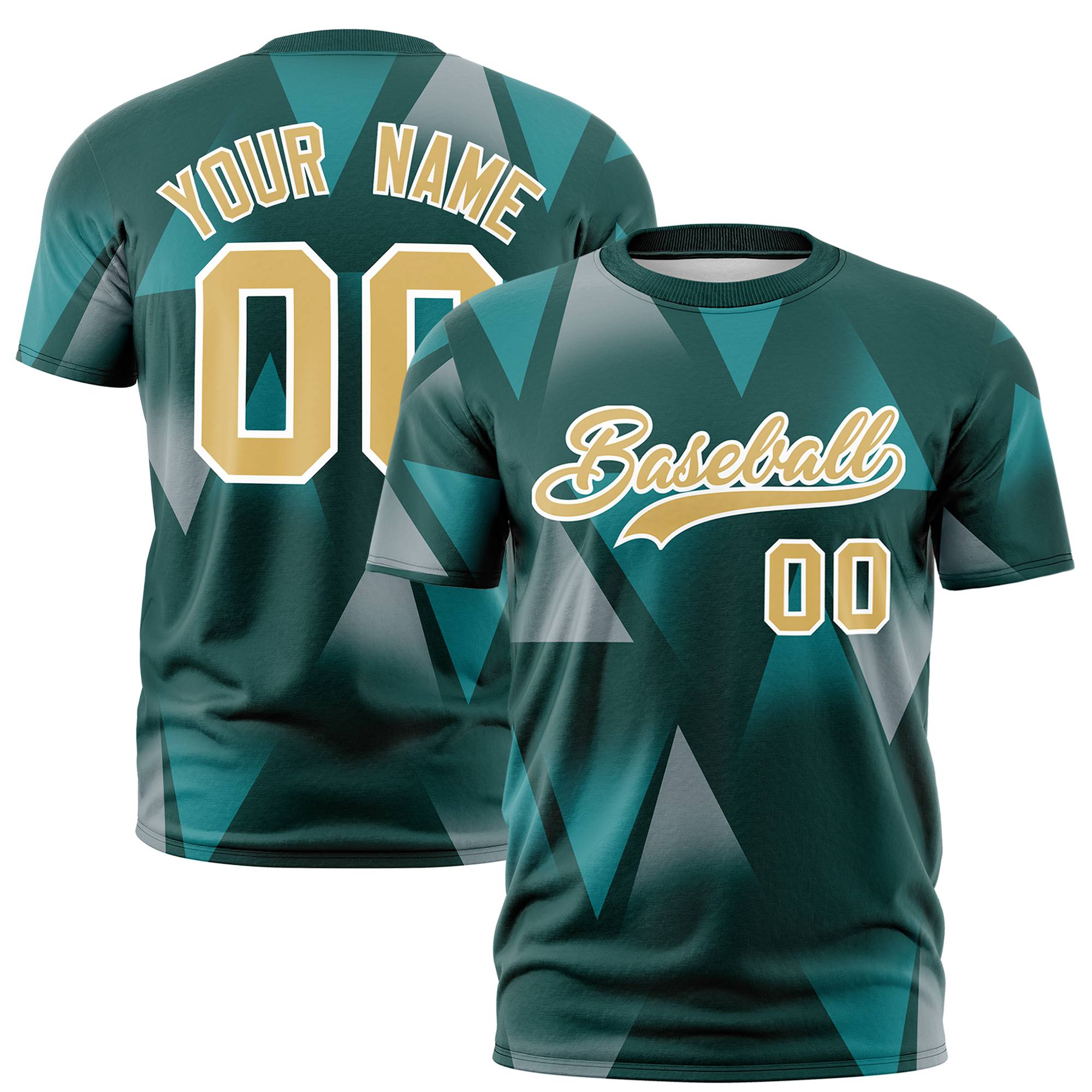 Custom Green Aqua-Old Gold Personalized Triangular Pattern Performance T-Shirt