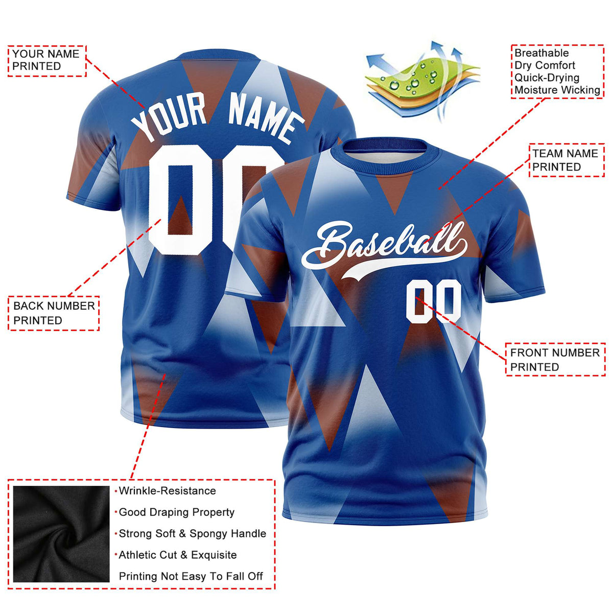 Custom Royal Blue Brown-White Personalized Triangular Pattern Performance T-Shirt