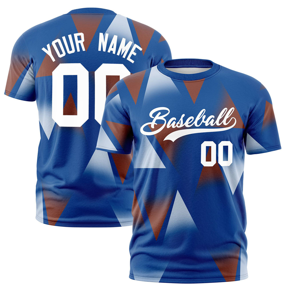 Custom Royal Blue Brown-White Personalized Triangular Pattern Performance T-Shirt