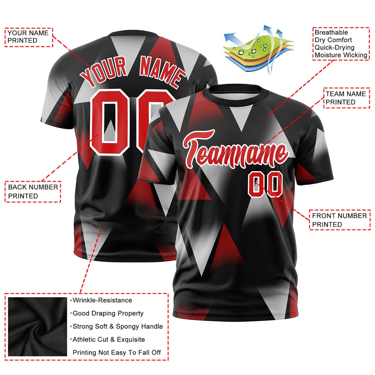 Custom Black Red-Gray Personalized Triangular Pattern Performance T-Shirt