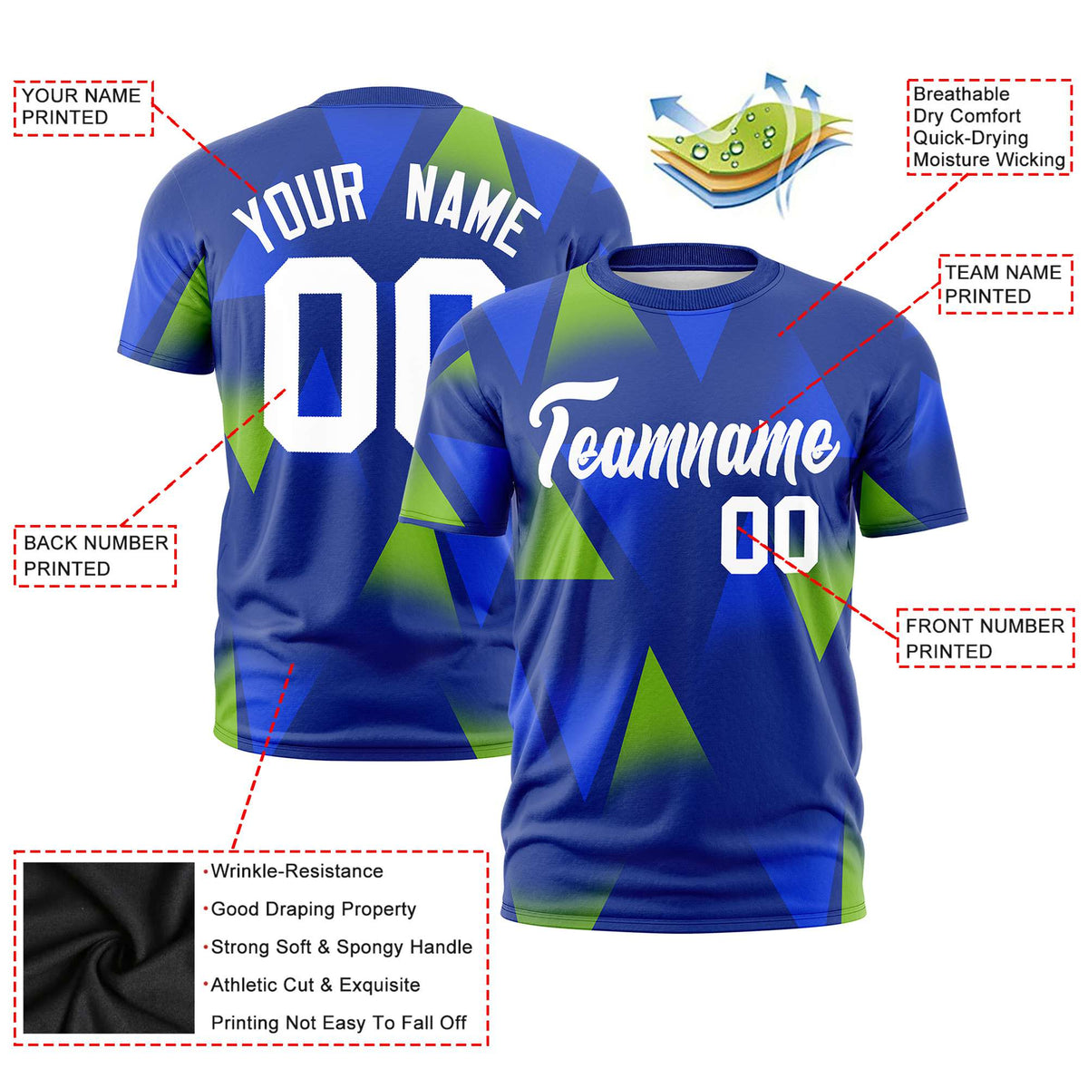 Custom Royal Blue Neon Green-White Personalized Triangular Pattern Performance T-Shirt