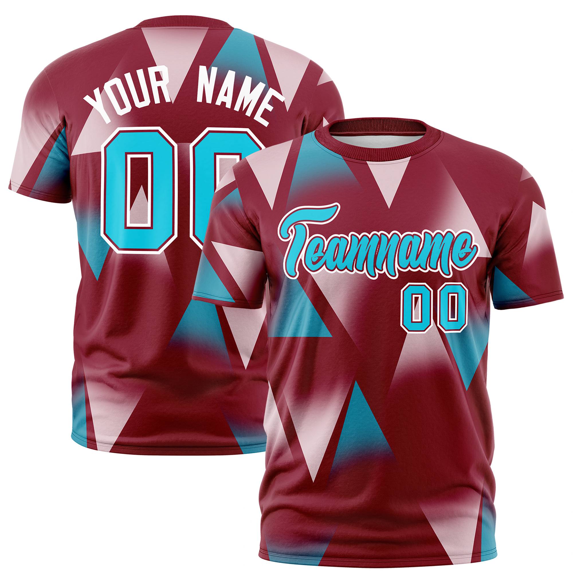 Custom Crimson White-Aqua Personalized Triangular Pattern Performance T-Shirt