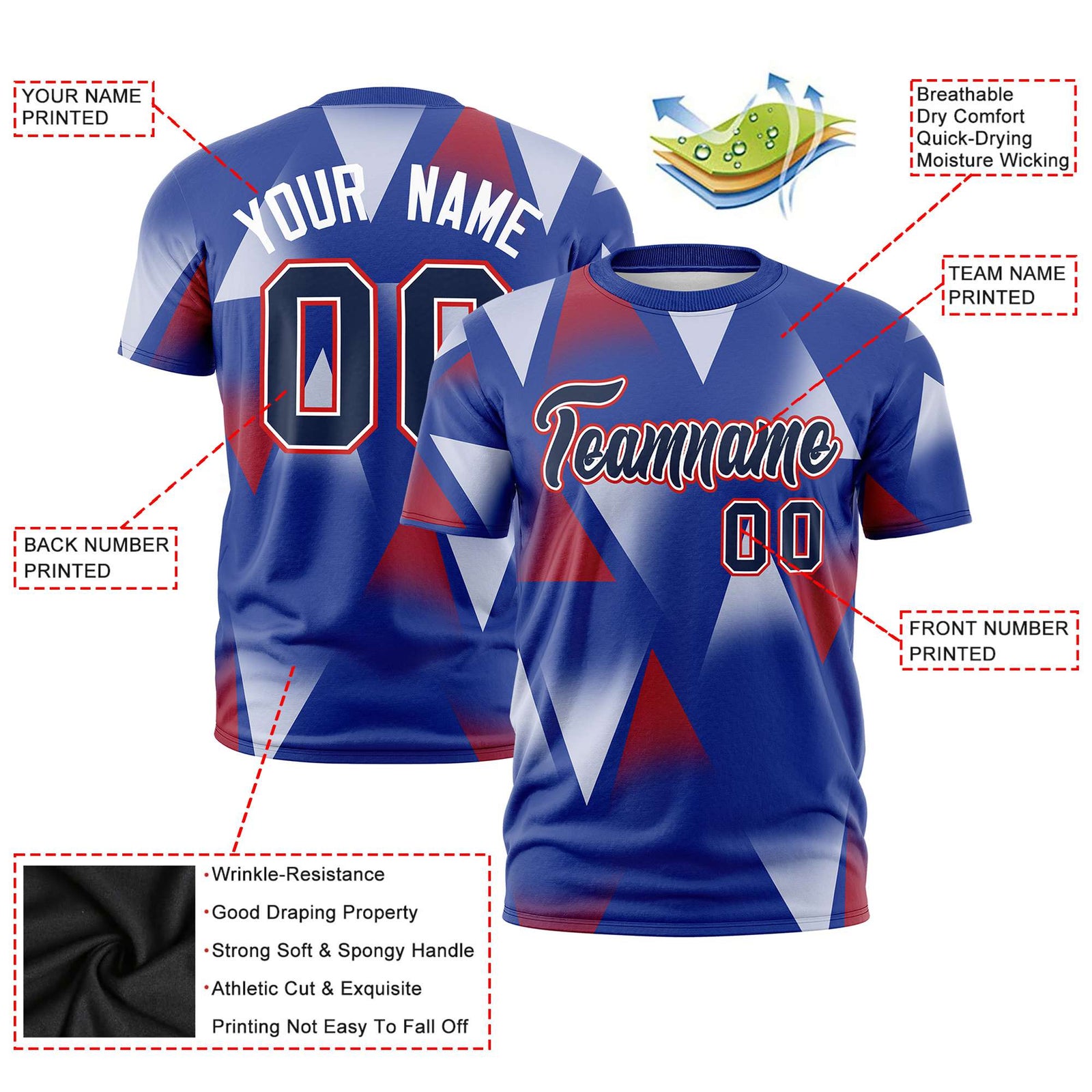 Custom Royal Blue Crimson-Navy Personalized Triangular Pattern Performance T-Shirt