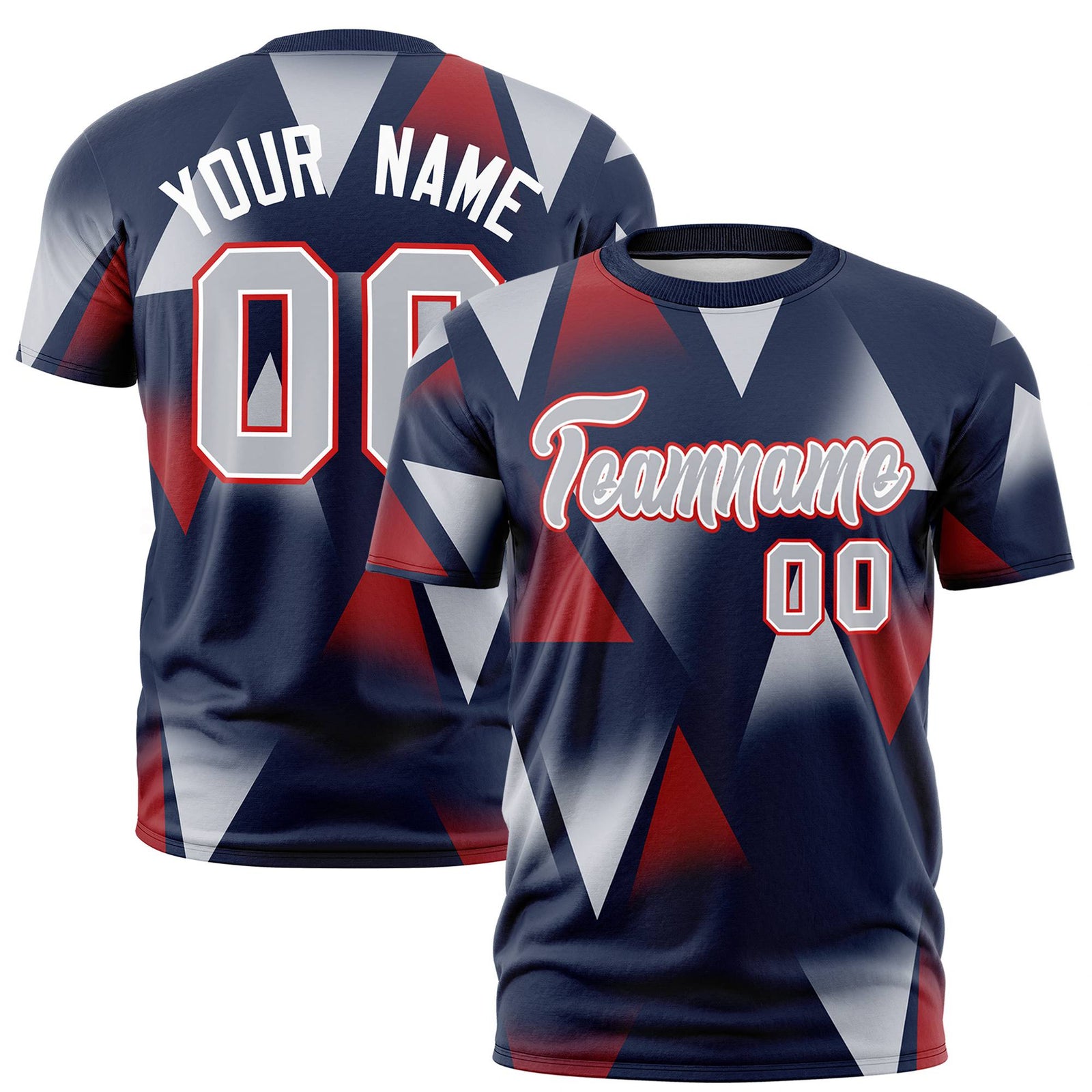 Custom Navy Crimson-Gray Personalized Triangular Pattern Performance T-Shirt