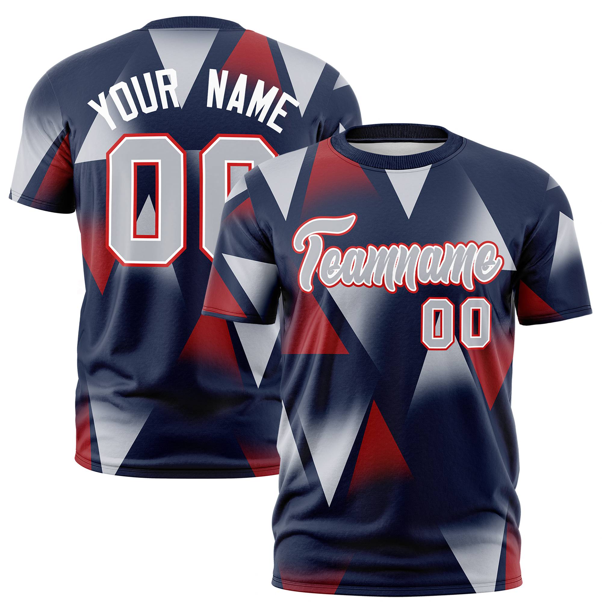 Custom Navy Crimson-Gray Personalized Triangular Pattern Performance T-Shirt