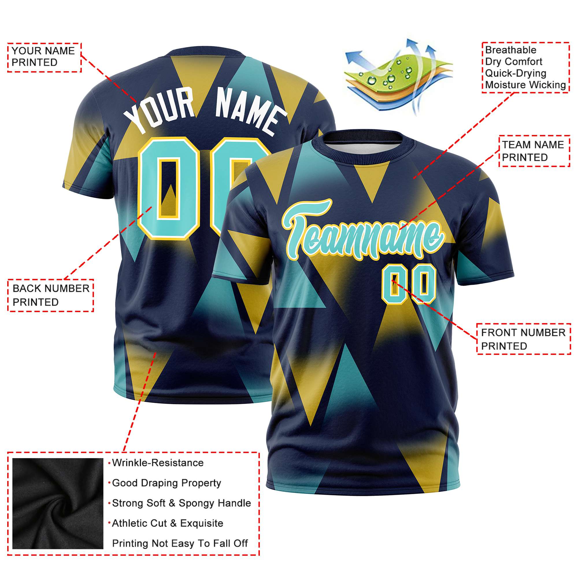 Custom Navy Gold01-Aqua Personalized Triangular Pattern Performance T-Shirt