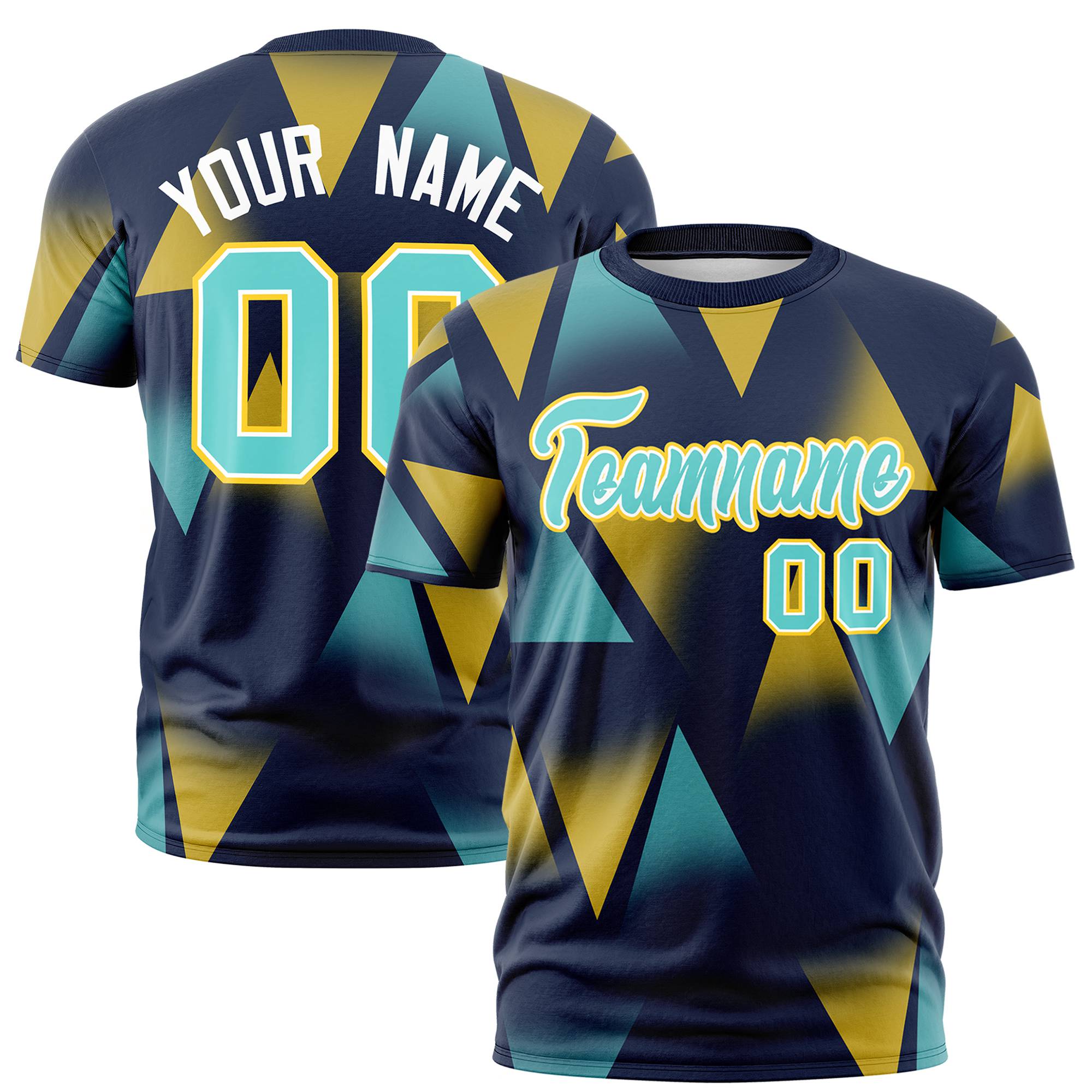 Custom Navy Gold01-Aqua Personalized Triangular Pattern Performance T-Shirt