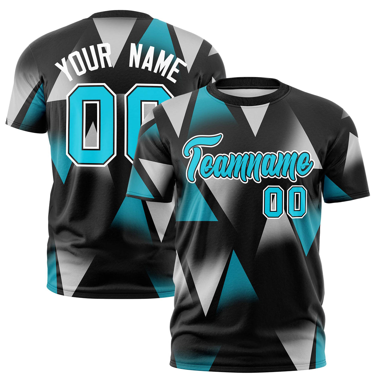 Custom Black White-Aqua Personalized Triangular Pattern Performance T-Shirt