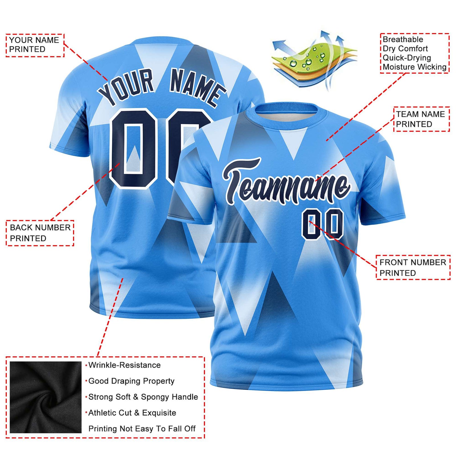 Custom Powder Blue White-Navy Personalized Triangular Pattern Performance T-Shirt