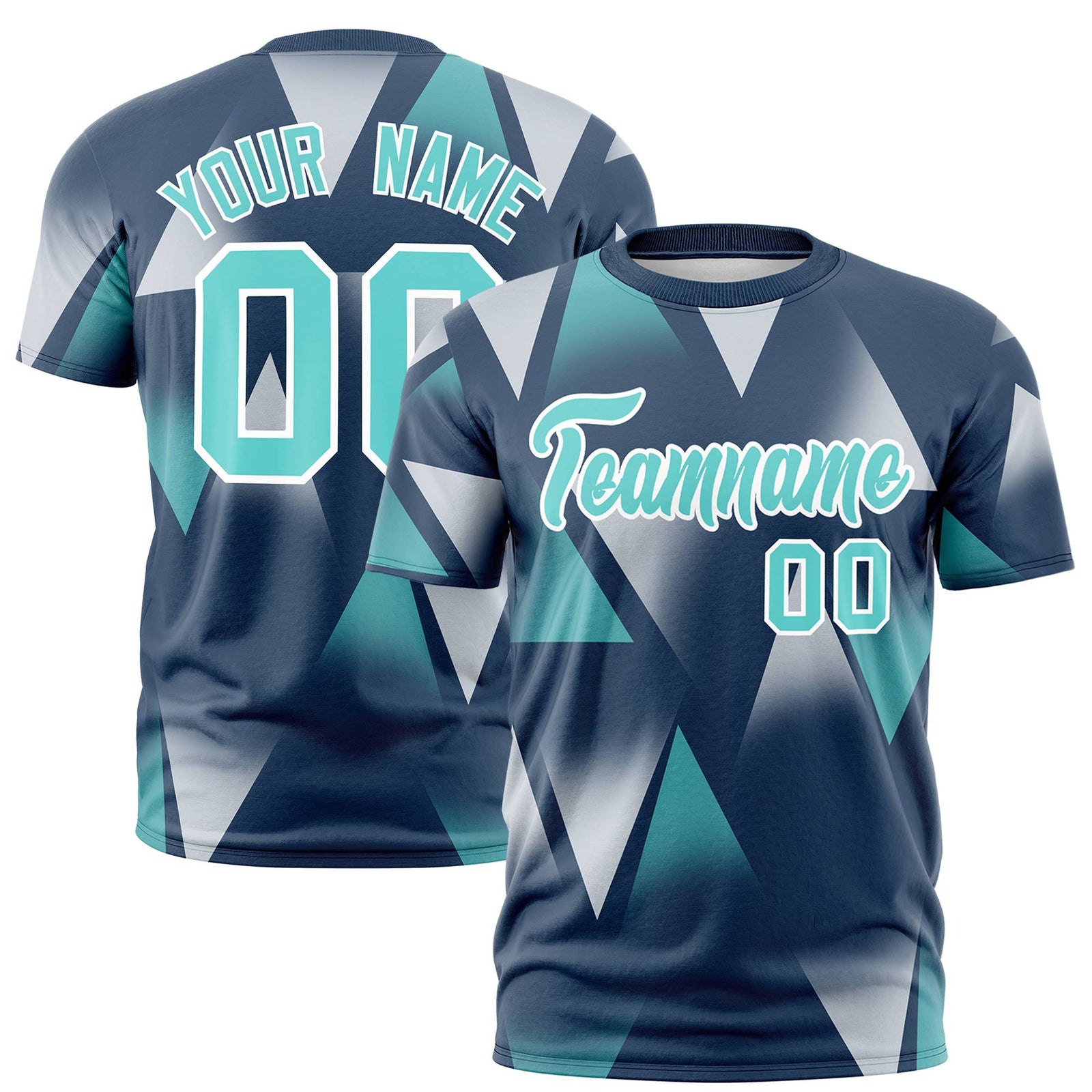 Custom Navy White-Aqua Personalized Triangular Pattern Performance T-Shirt