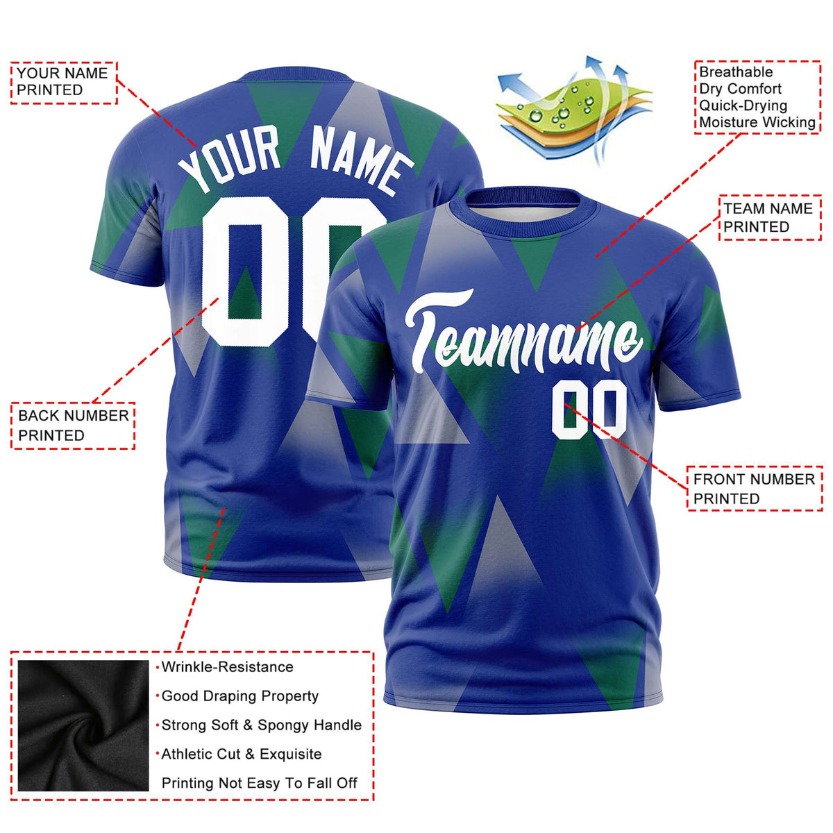 Custom Royal Blue Green-White Personalized Triangular Pattern Performance T-Shirt