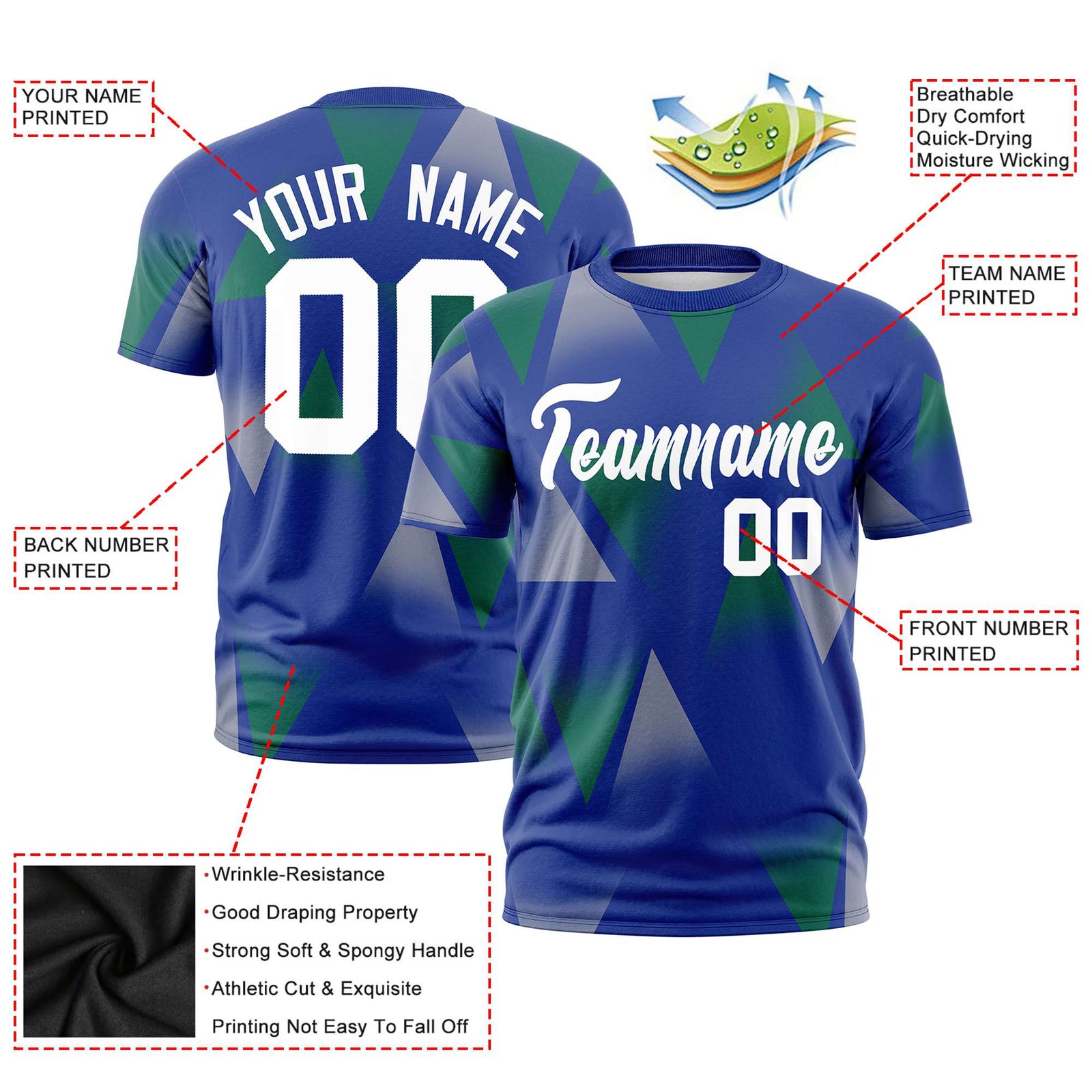 Custom Royal Blue Green-White Personalized Triangular Pattern Performance T-Shirt