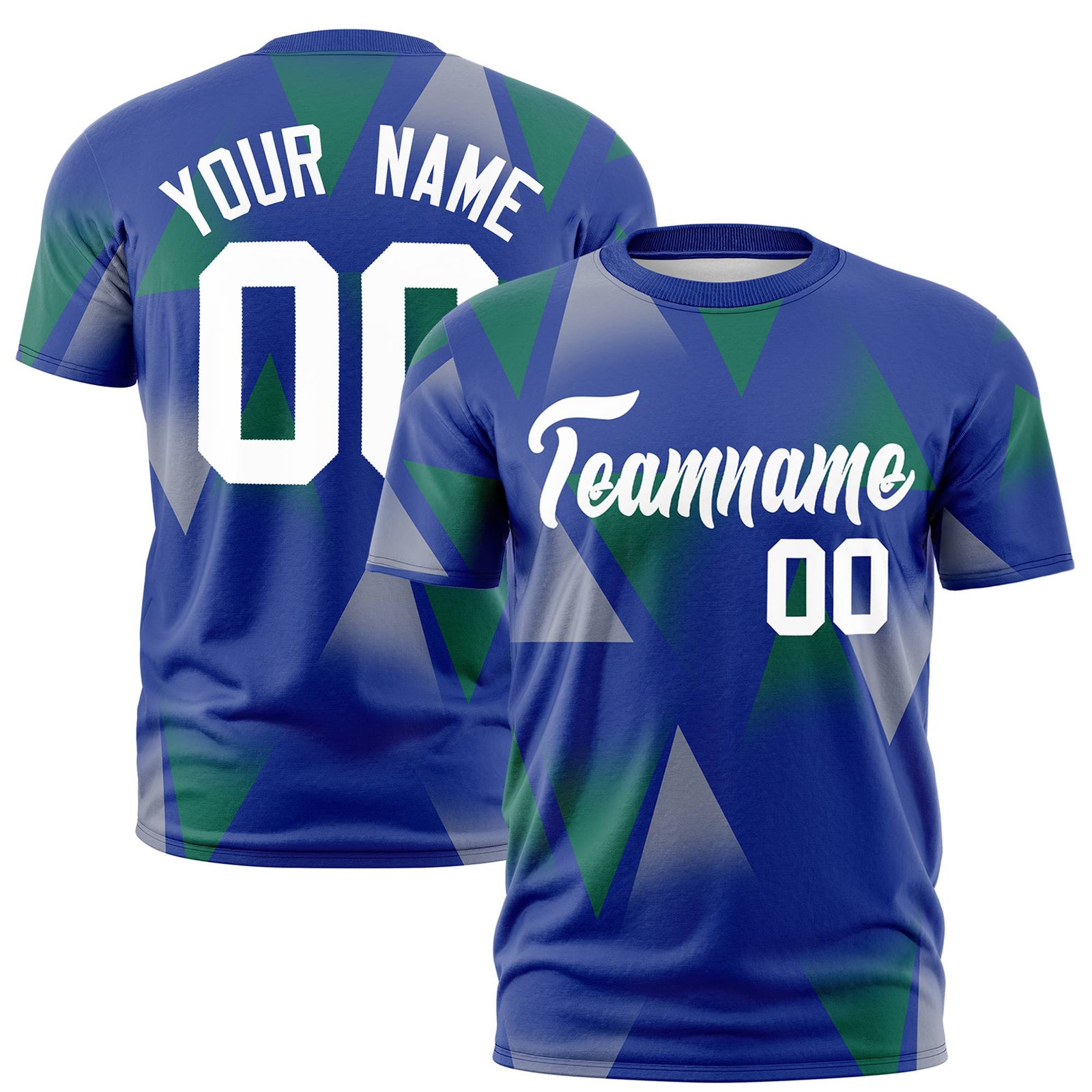 Custom Royal Blue Green-White Personalized Triangular Pattern Performance T-Shirt