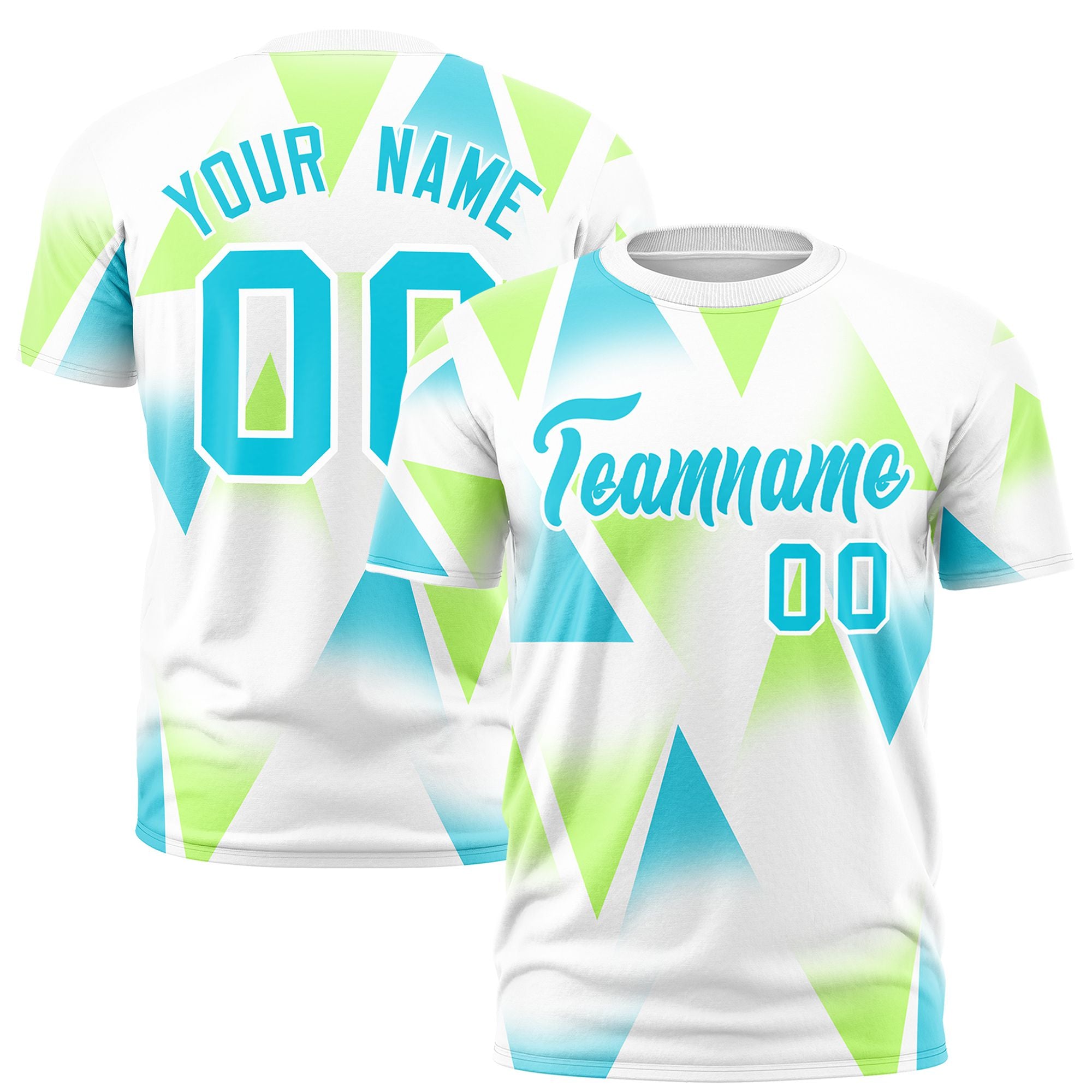 Custom White Neon Green-Aqua Personalized Triangular Pattern Performance T-Shirt