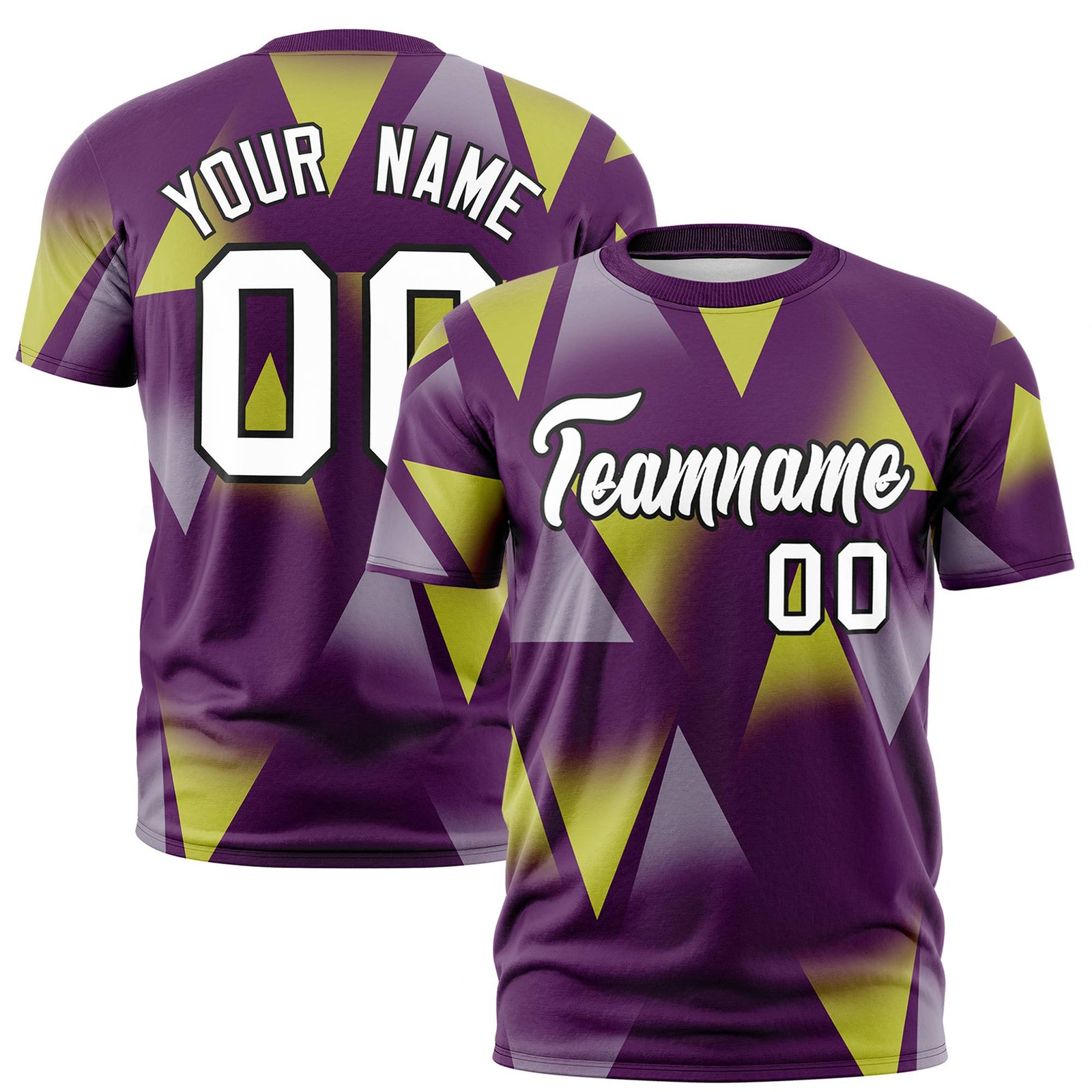 Custom Purple Fluorescent Green-White Personalized Triangular Pattern Performance T-Shirt
