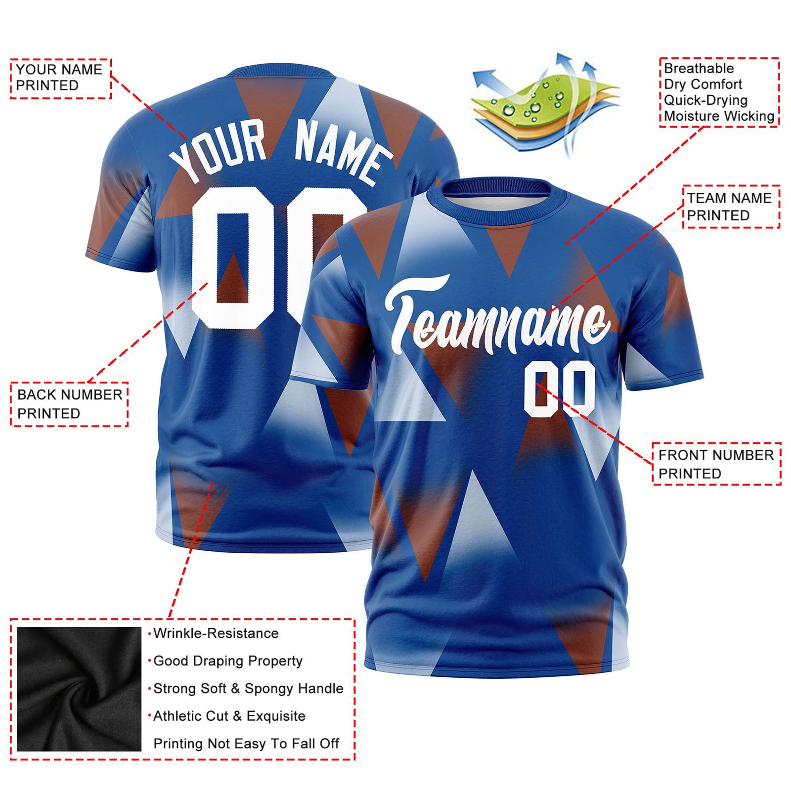 Custom Royal Blue Brown-White Personalized Triangular Pattern Performance T-Shirt