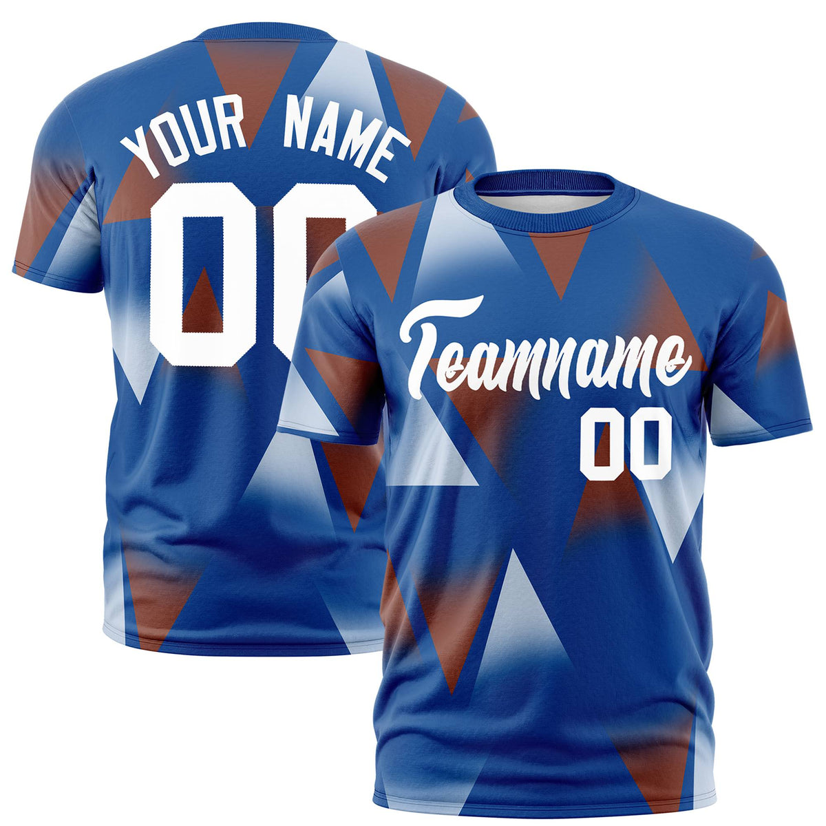 Custom Royal Blue Brown-White Personalized Triangular Pattern Performance T-Shirt