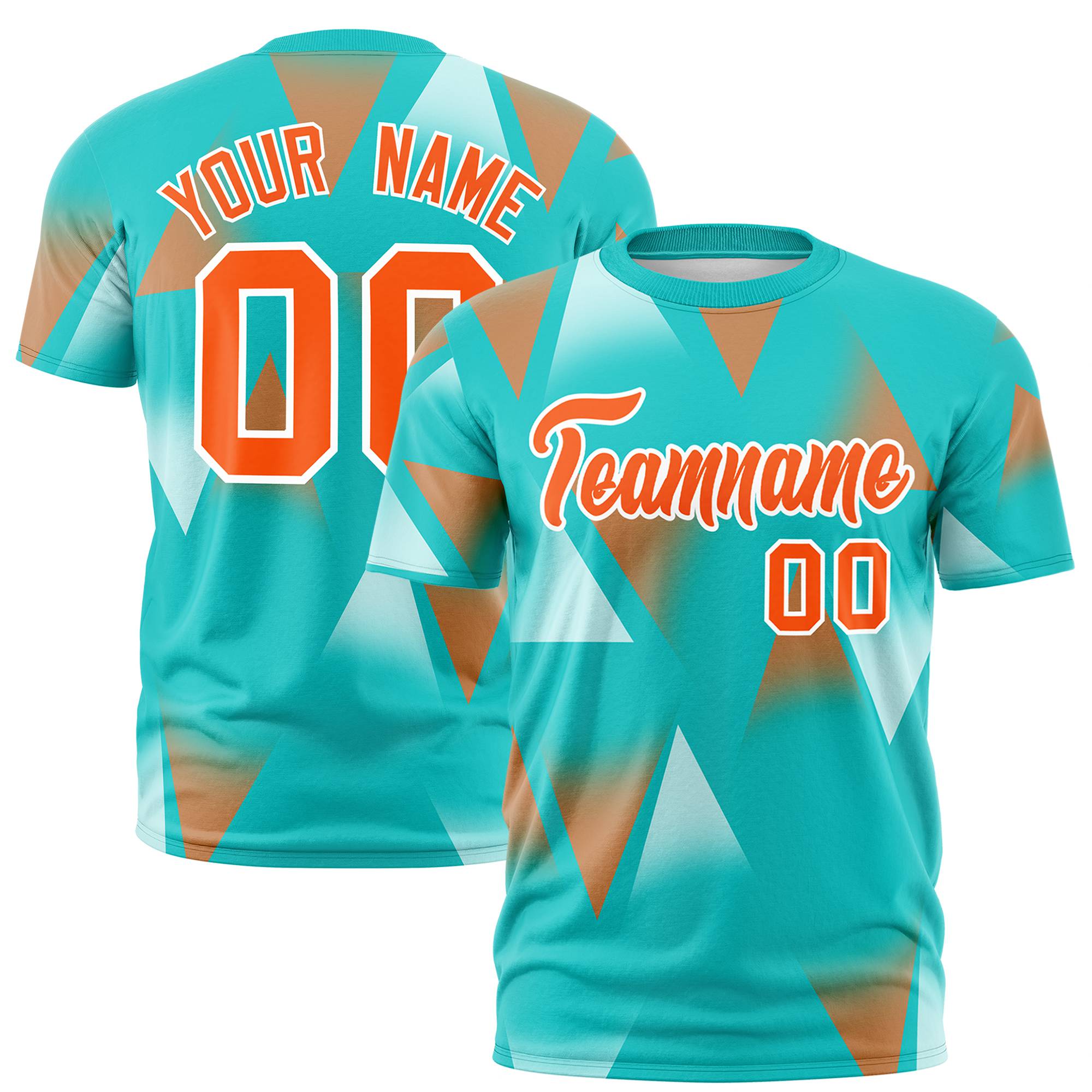 Custom Aqua Brown-Orange Personalized Triangular Pattern Performance T-Shirt