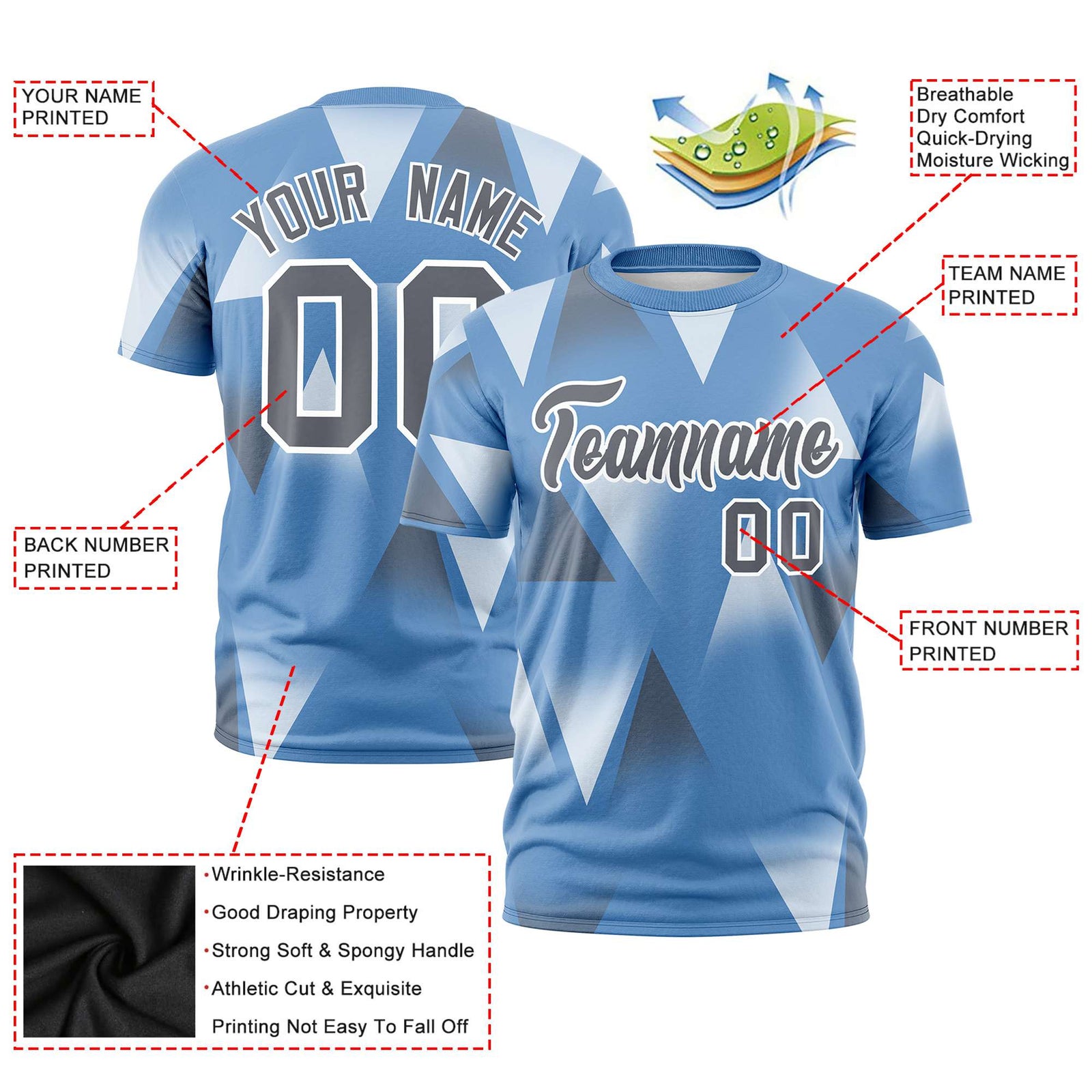 Custom Powder Blue White-Gray Personalized Triangular Pattern Performance T-Shirt