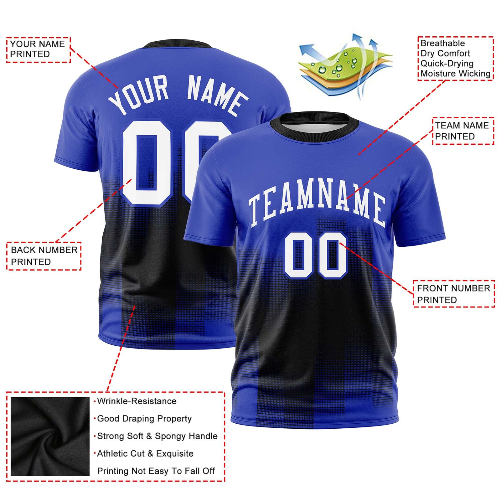 Custom Black Royal Blue Gradient Fashion Design Performance T-Shirt