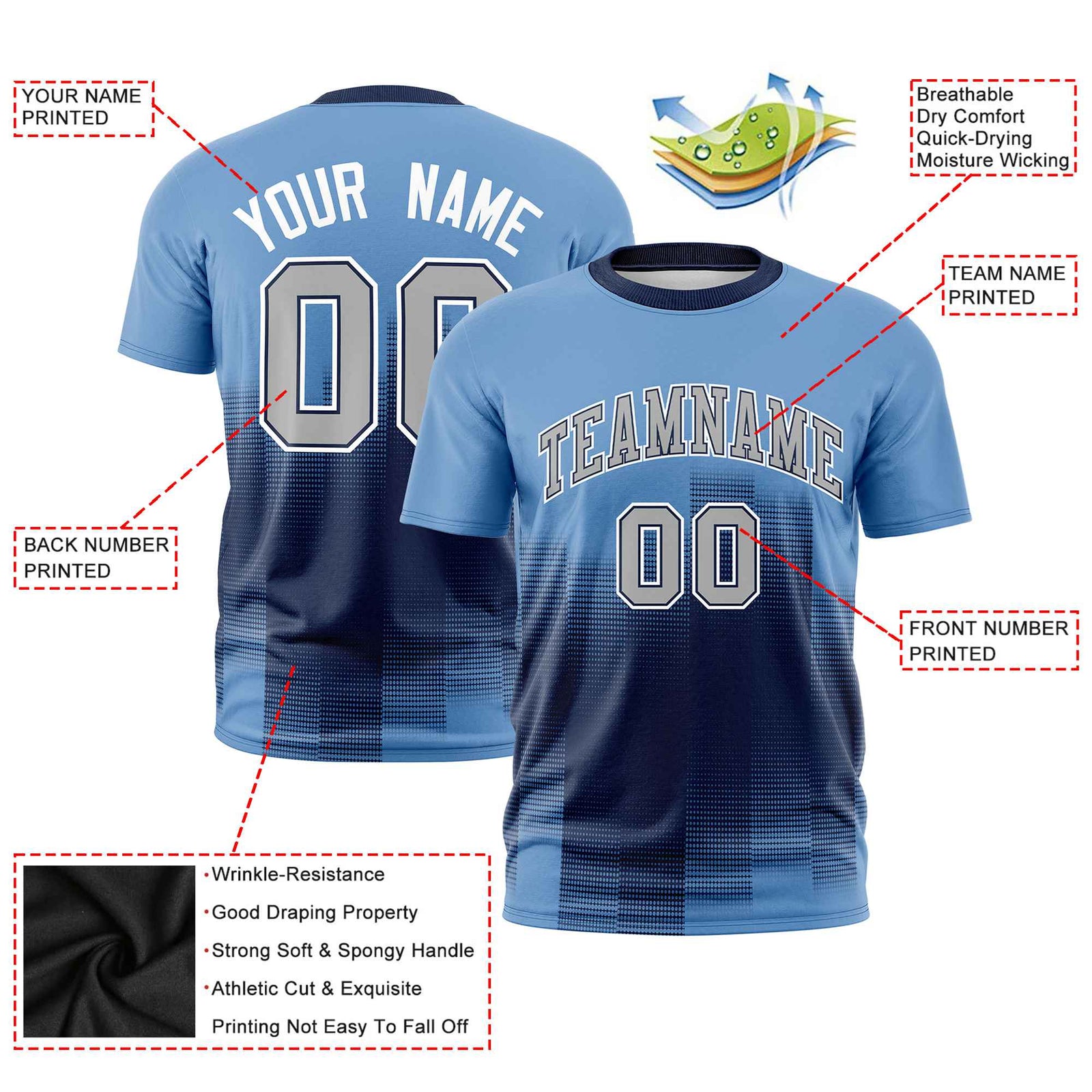 Custom Royal Blue Light Blue Gradient Fashion Design Performance T-Shirt