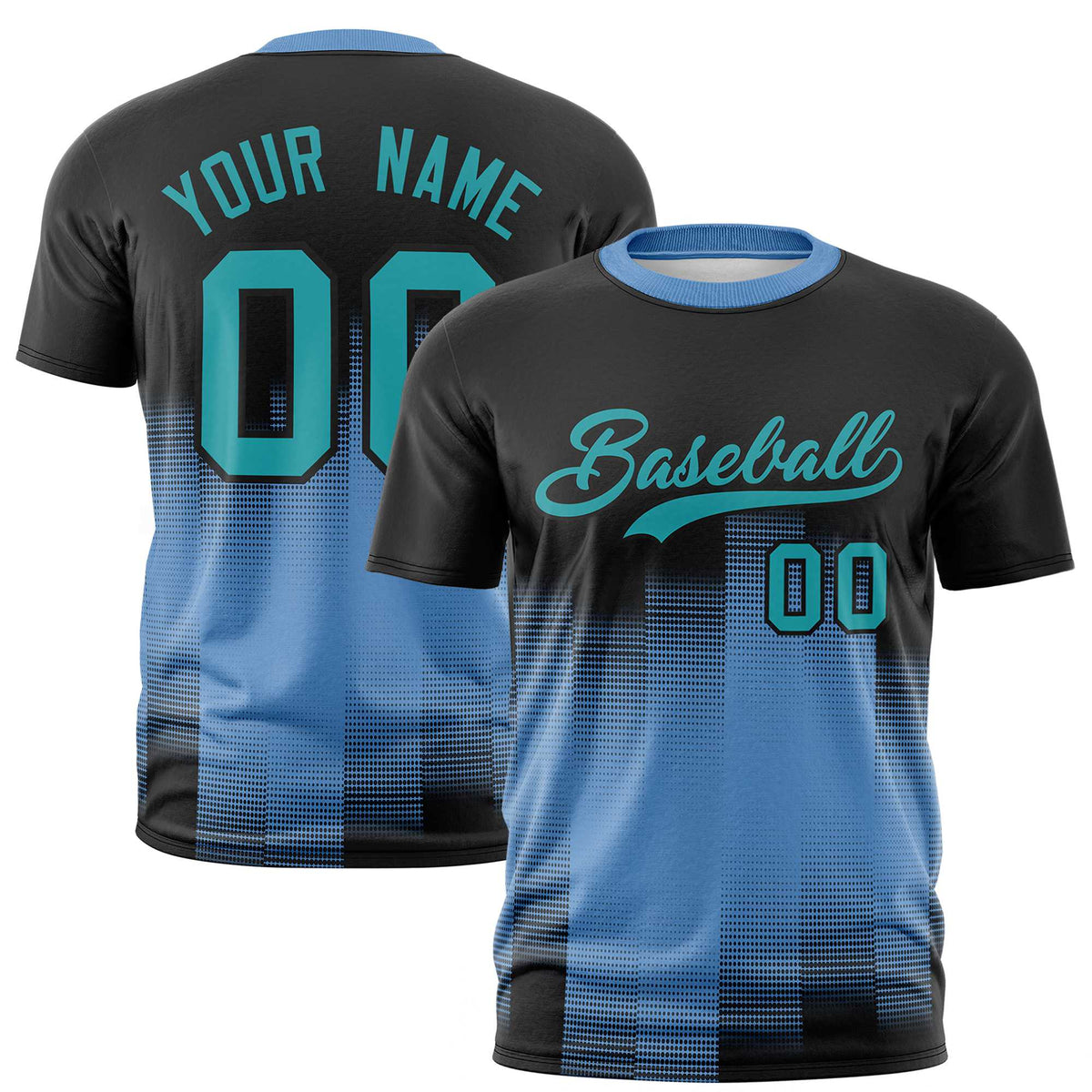 Custom Powder Blue Black Gradient Fashion Design Performance T-Shirt