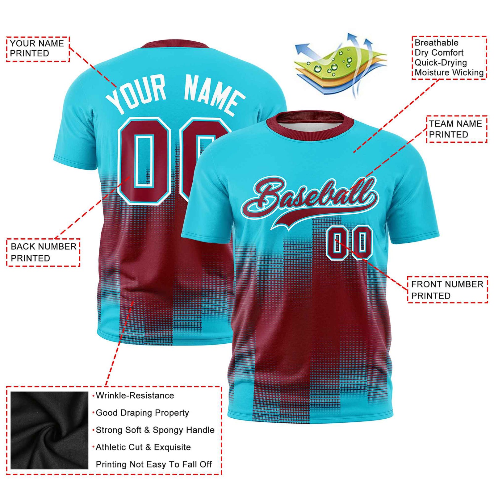 Custom Crimson Sky Blue Gradient Fashion Design Performance T-Shirt