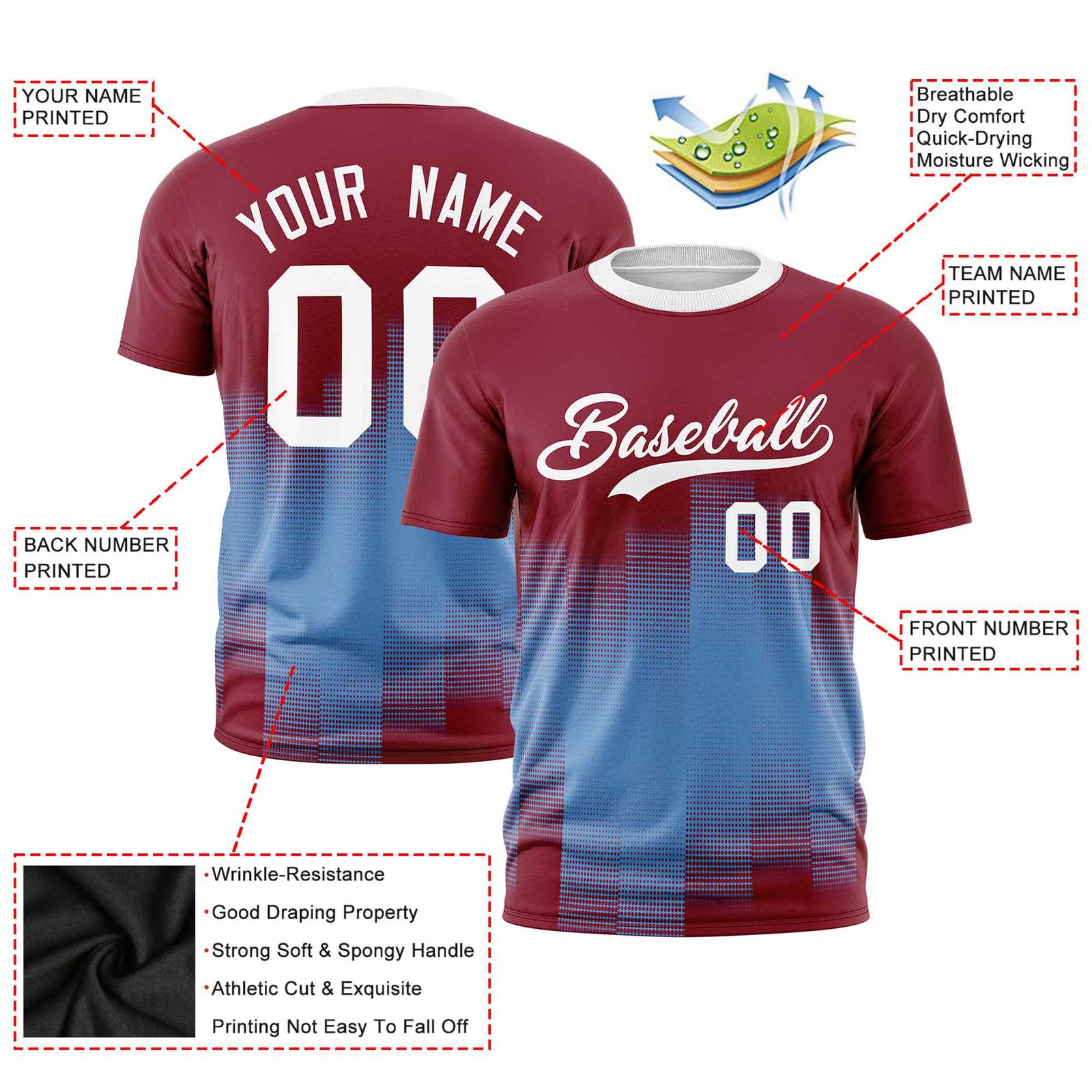 Custom Light Blue Crimson Gradient Fashion Design Performance T-Shirt