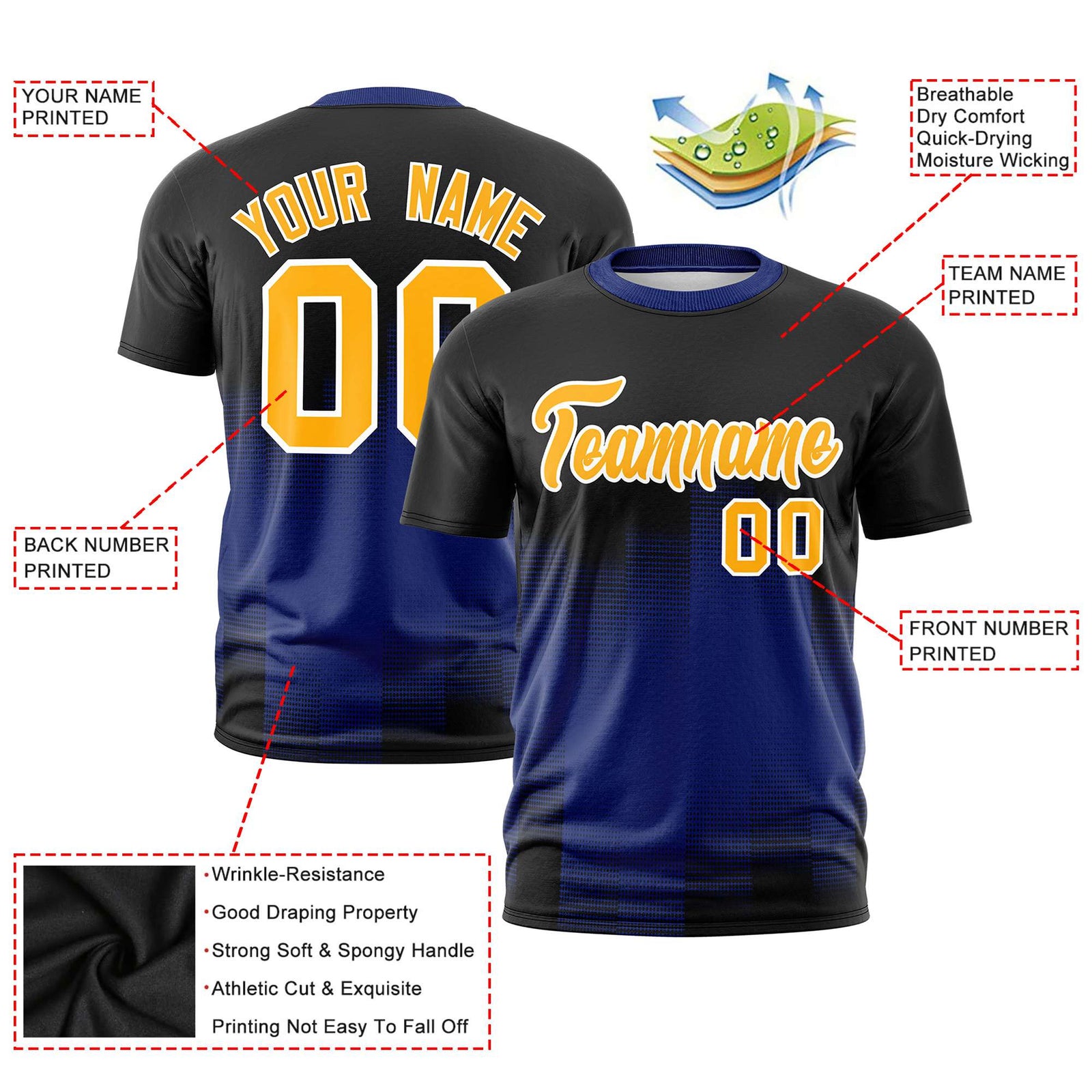 Custom Royal Blue Black Gradient Fashion Design Performance T-Shirt