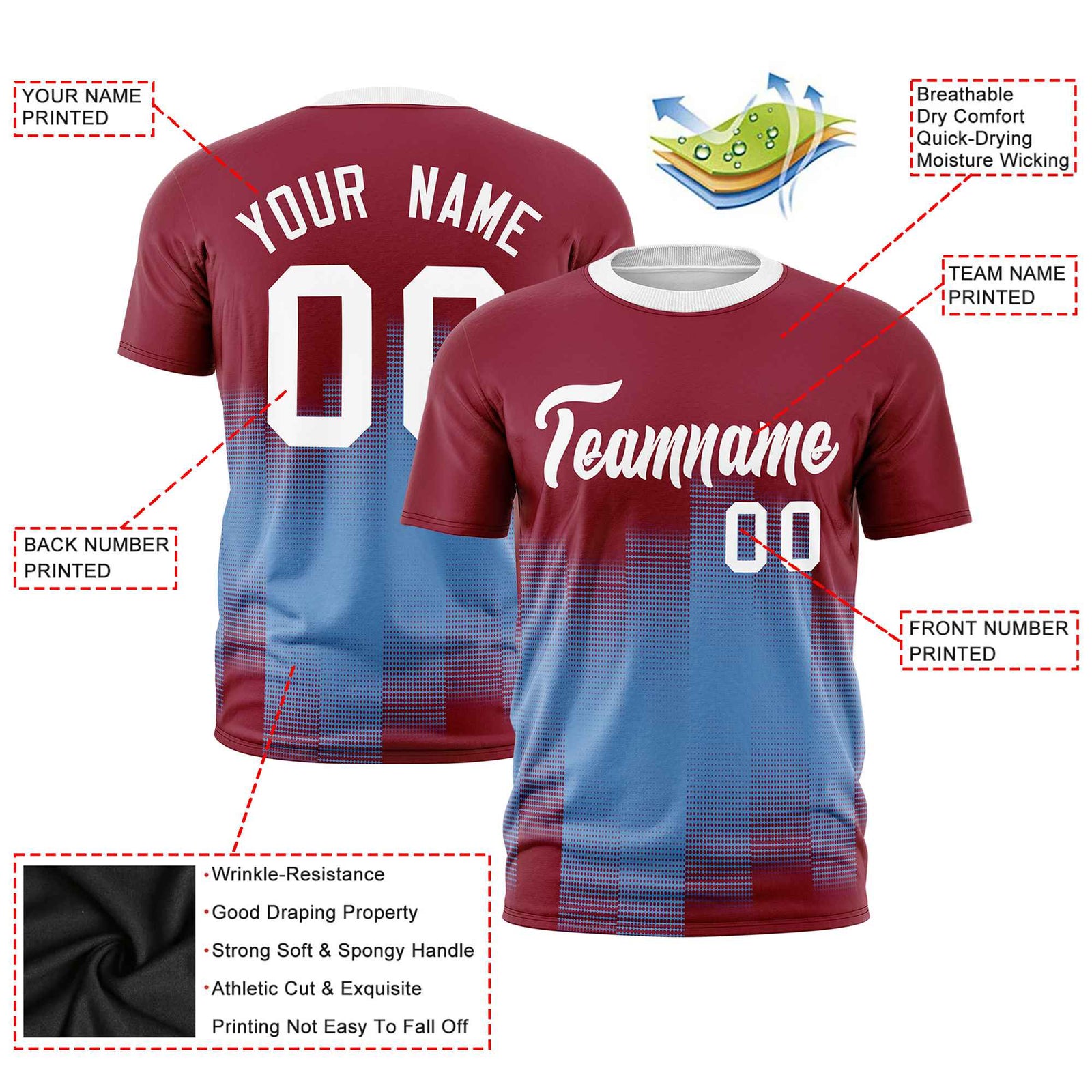 Custom Light Blue Crimson Gradient Fashion Design Performance T-Shirt