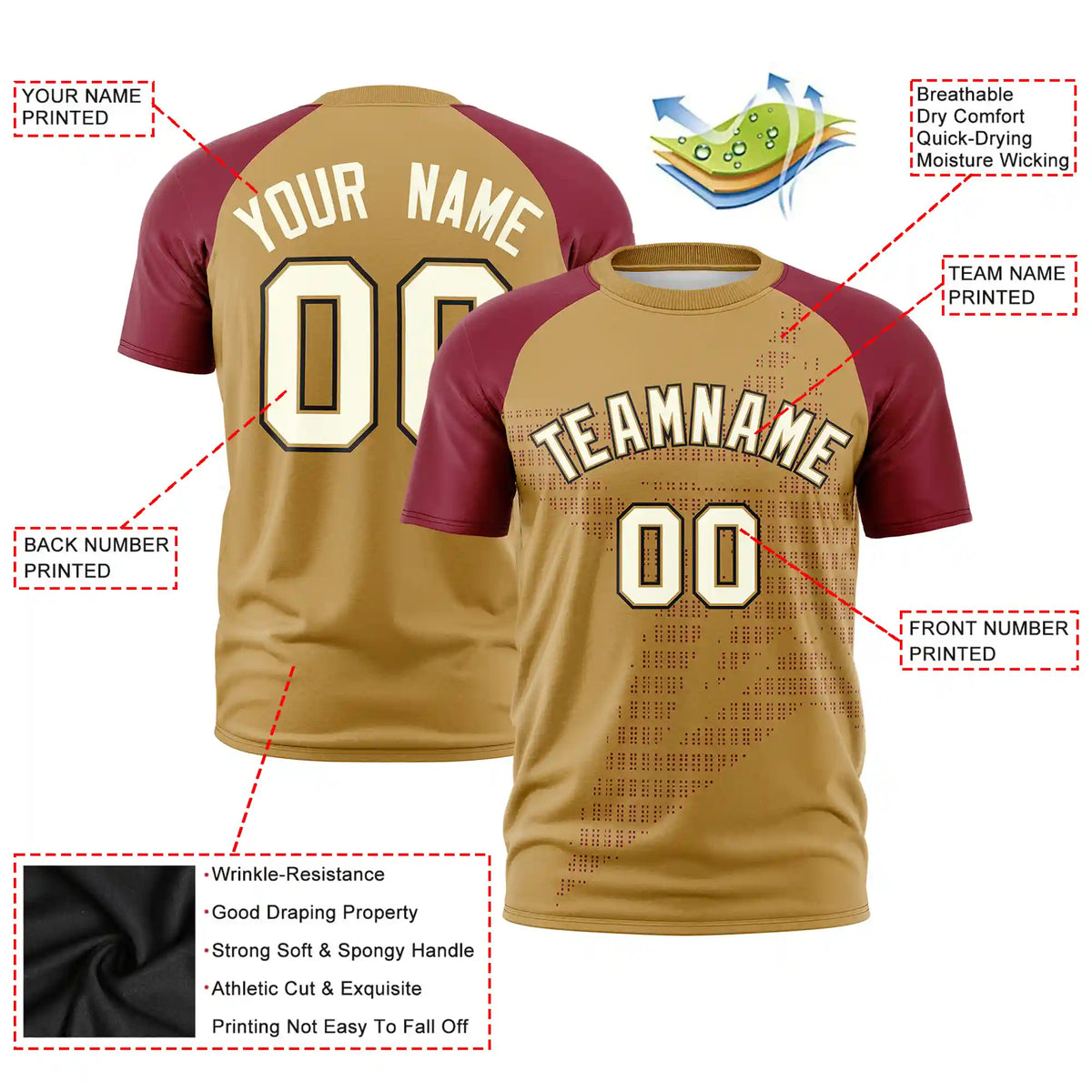 Custom Old Gold Crimson Crew Neck Star Style  Design  Performance T-Shirt