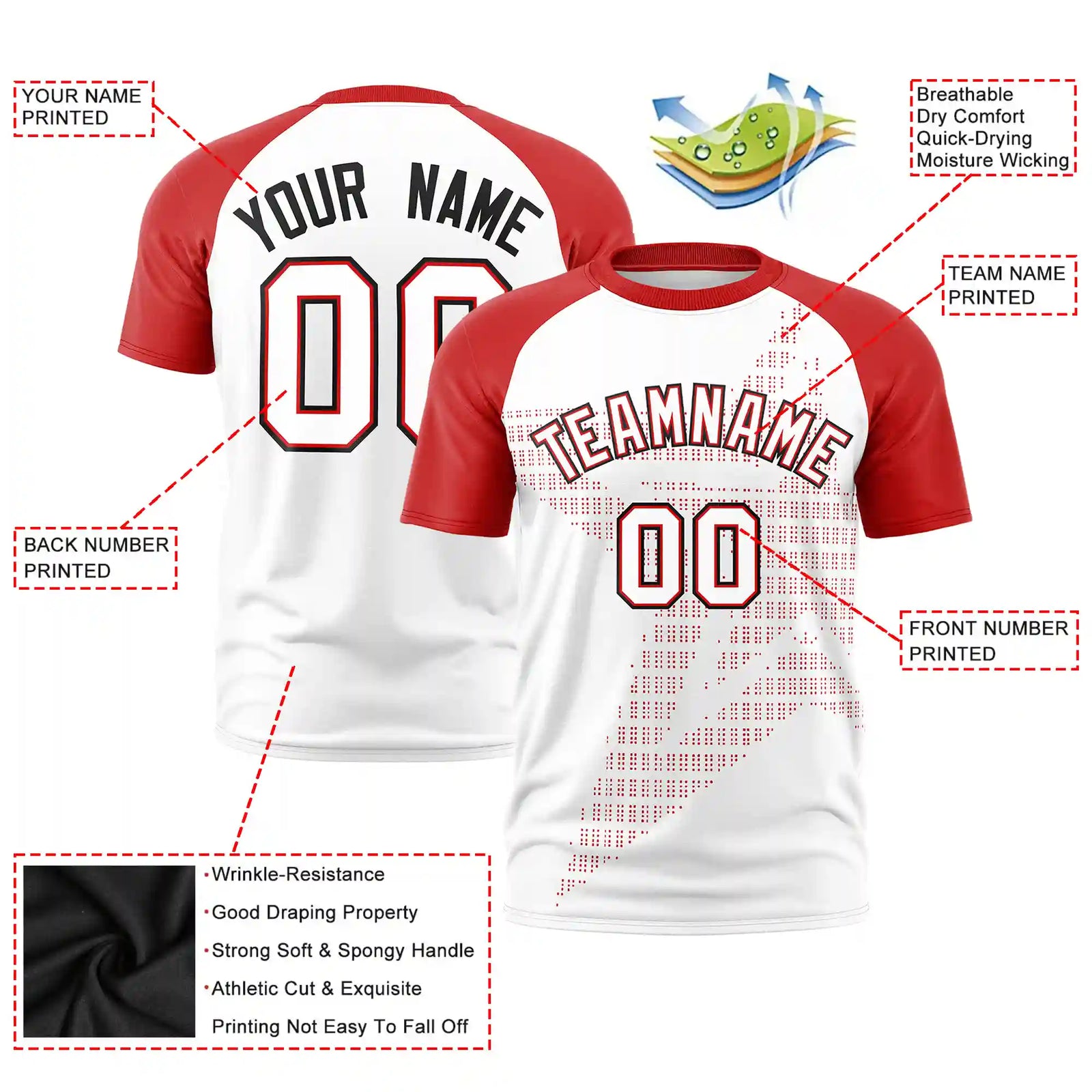 Custom White Red Crew Neck Star Style  Design  Performance T-Shirt