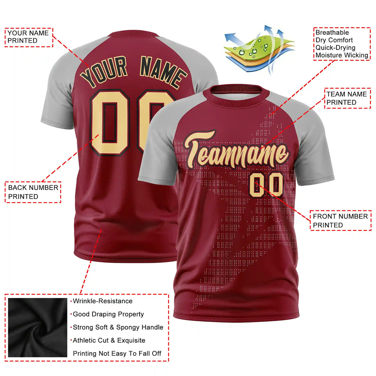 Custom Crimson Gray Crew Neck Star Style  Design  Performance T-Shirt