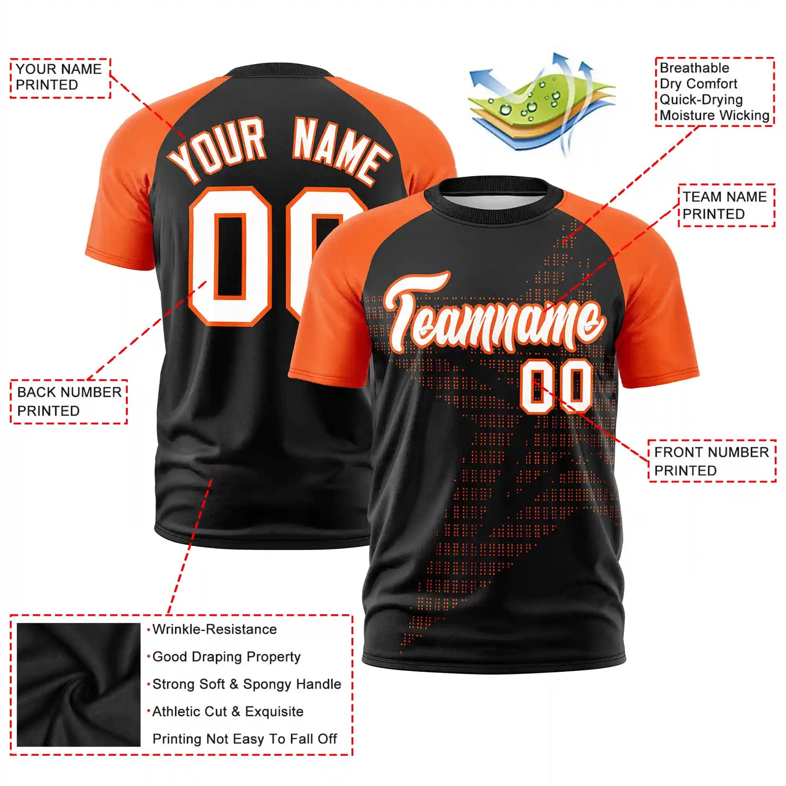 Custom Black Orange Crew Neck Star Style  Design  Performance T-Shirt