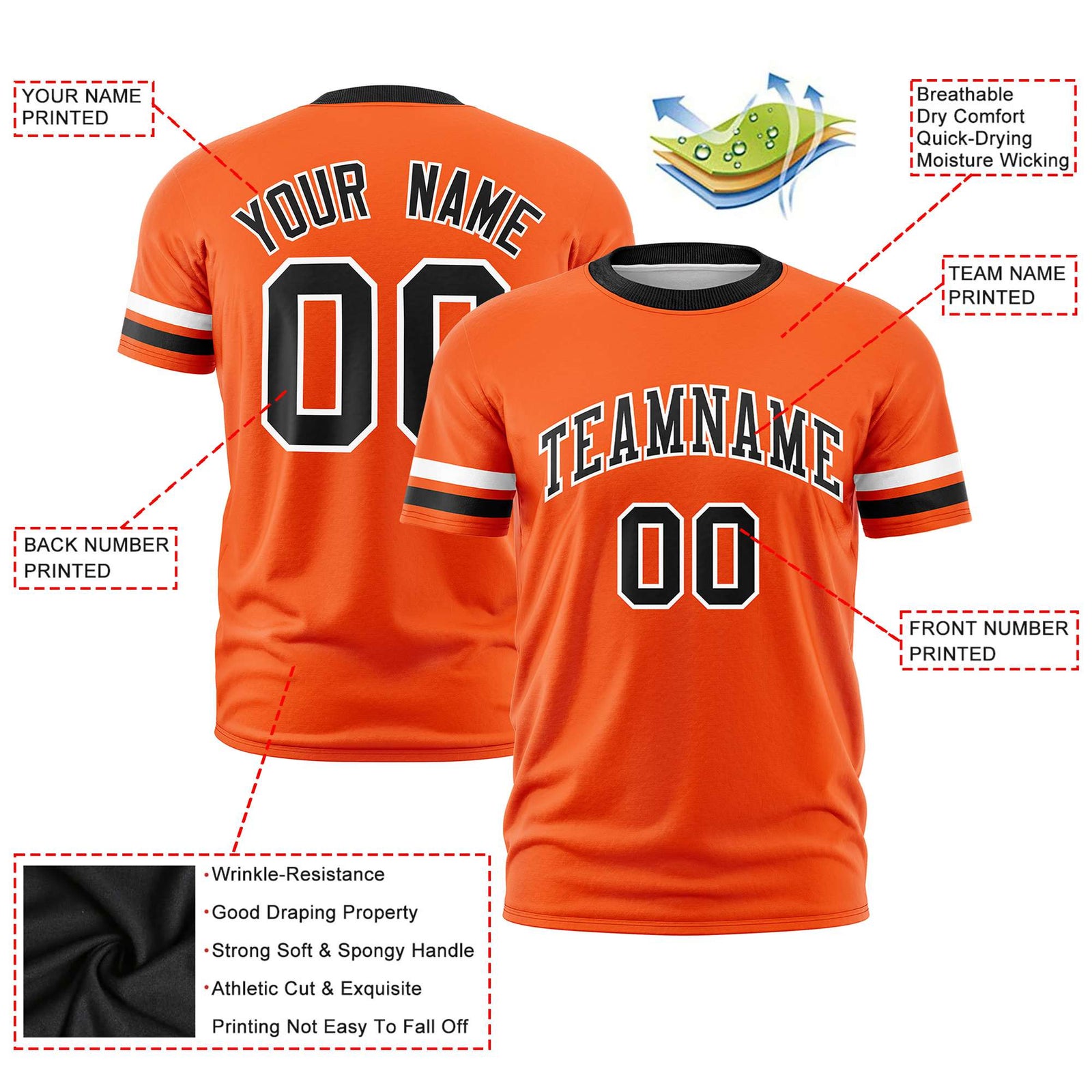 Custom Orange White-Black Color Block Design Performance T-Shirt