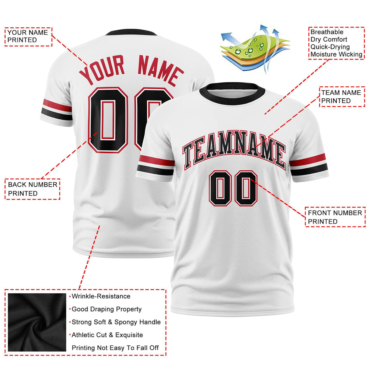 Custom White Red-Black Color Block Design Performance T-Shirt